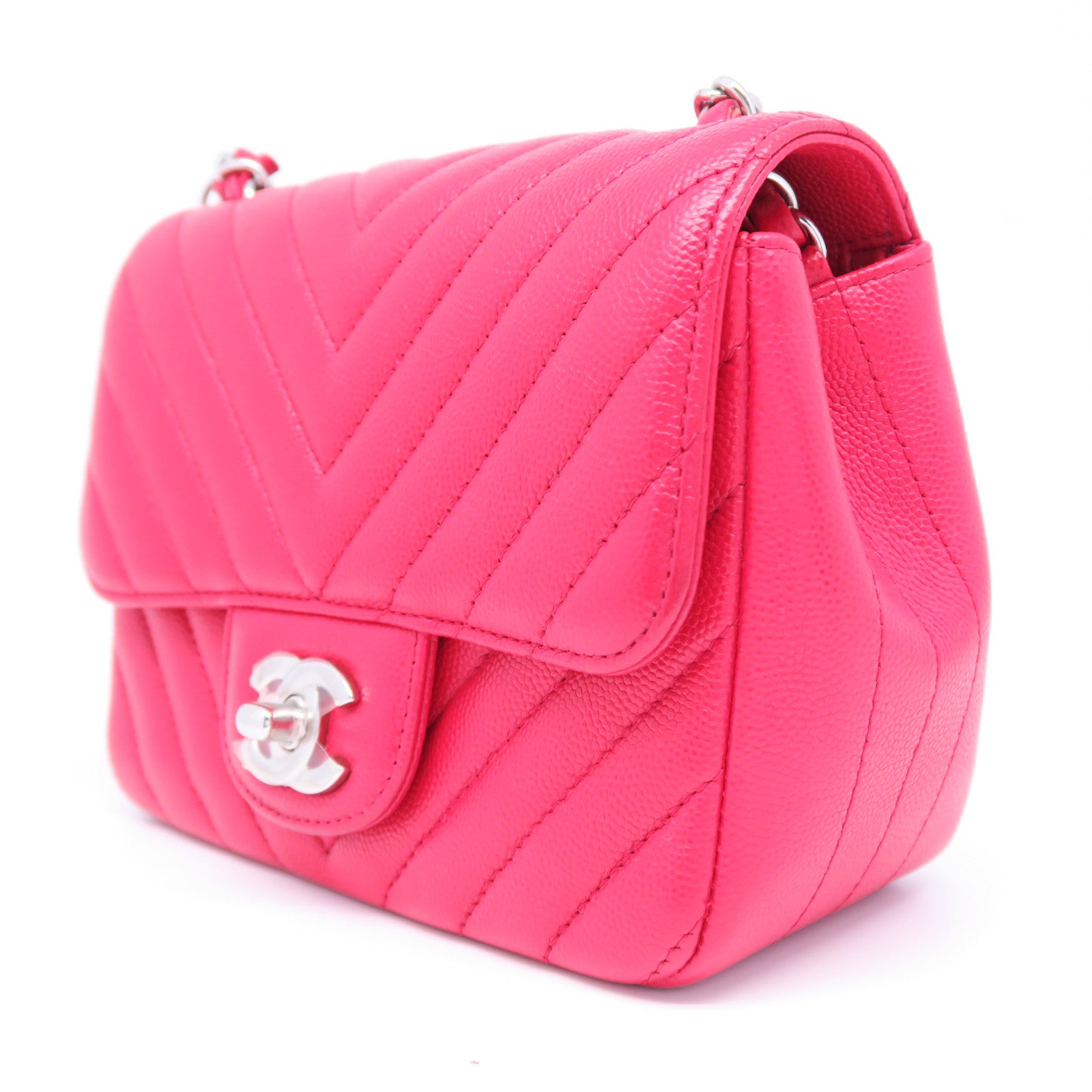 CHANEL 斜紋Caviar皮革Mini Flap銀扣鏈帶肩背袋紅色