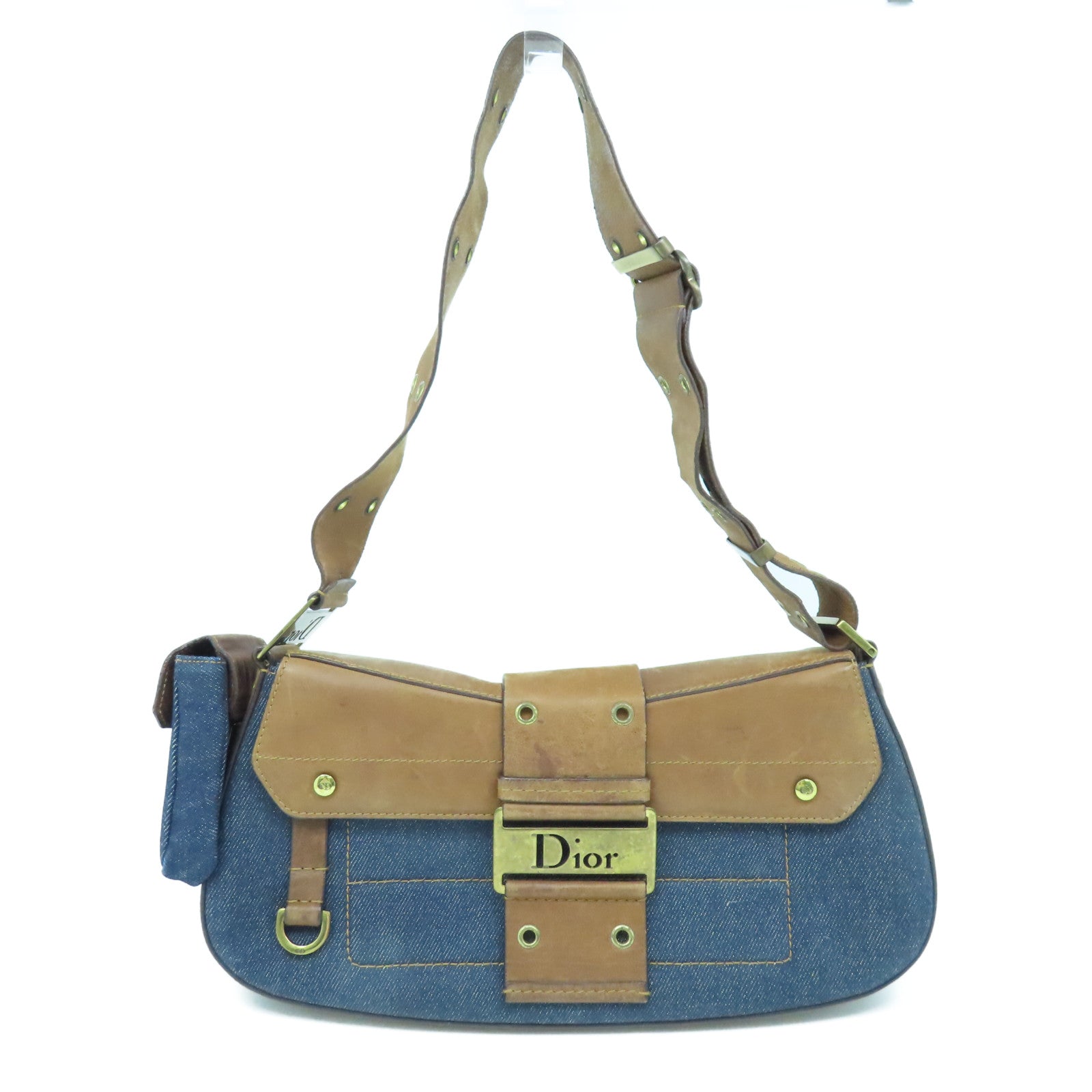 Dior 皮革牛仔布Shoulder Bag金扣肩背袋藍色