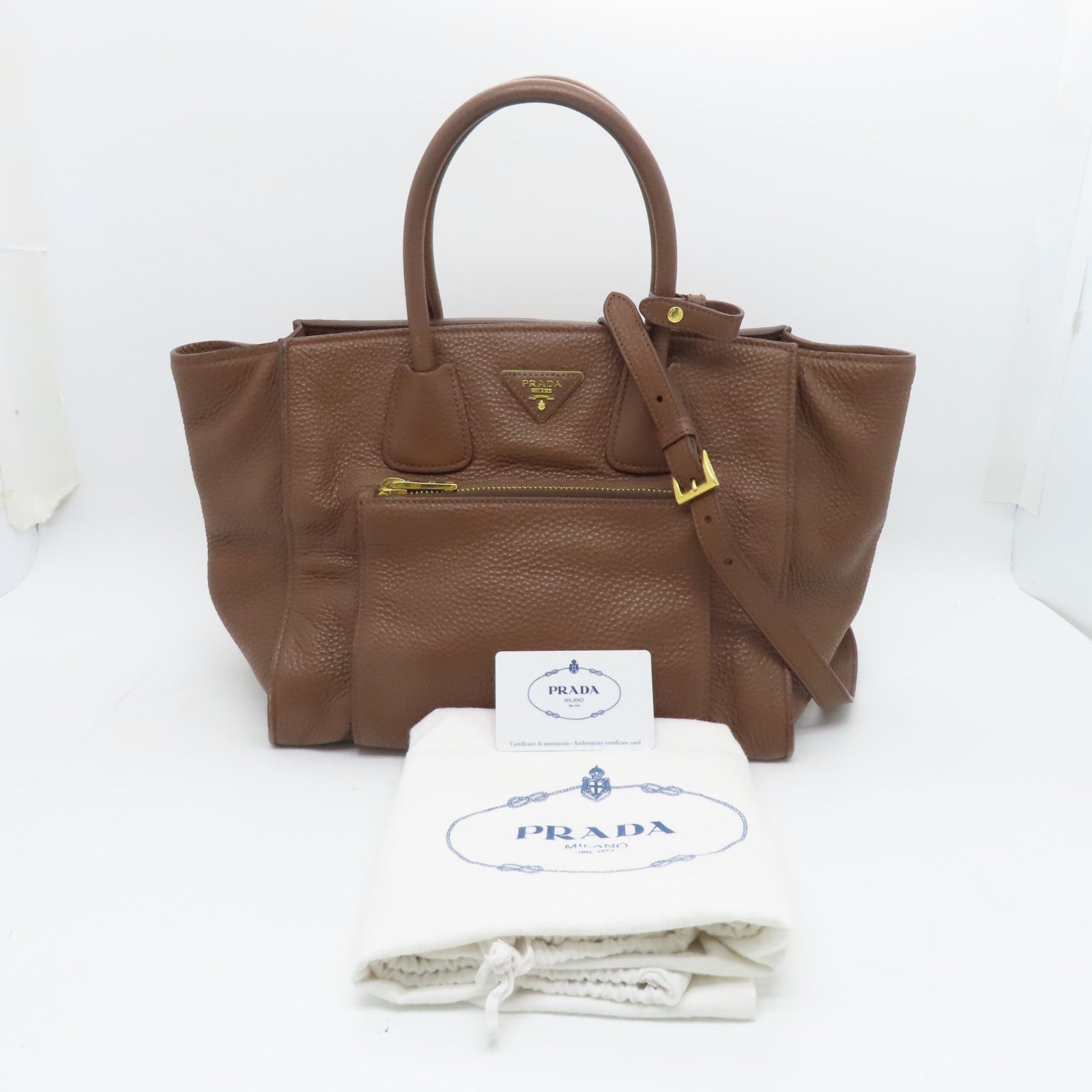 PRADA 牛皮皮革2way Shoulder Bag金扣手挽肩背兩用袋啡色