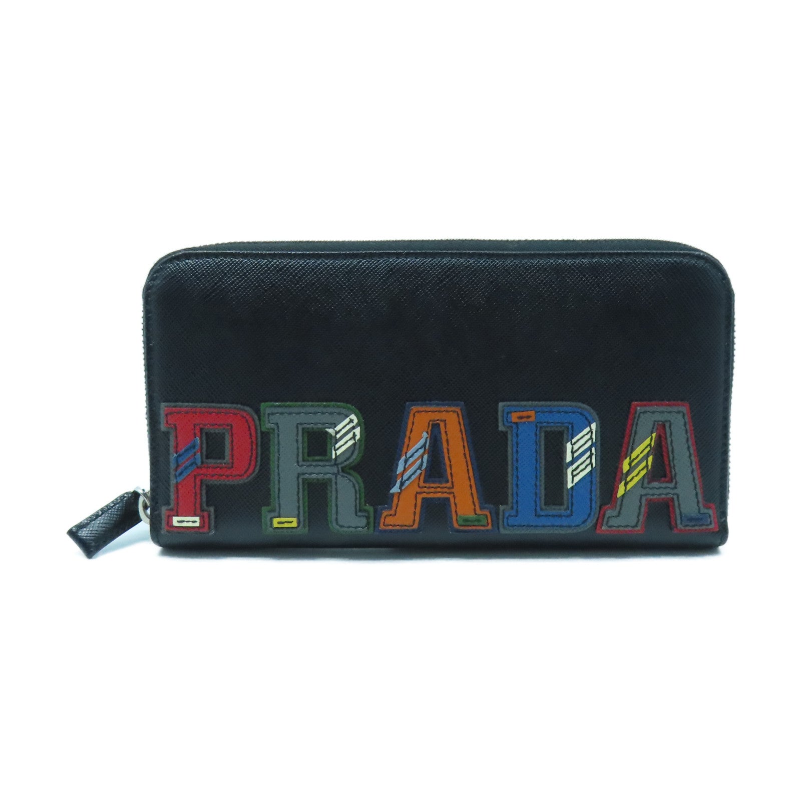 PRADA Cowhide Leather Long Wallet Silver Buckle Black/Color