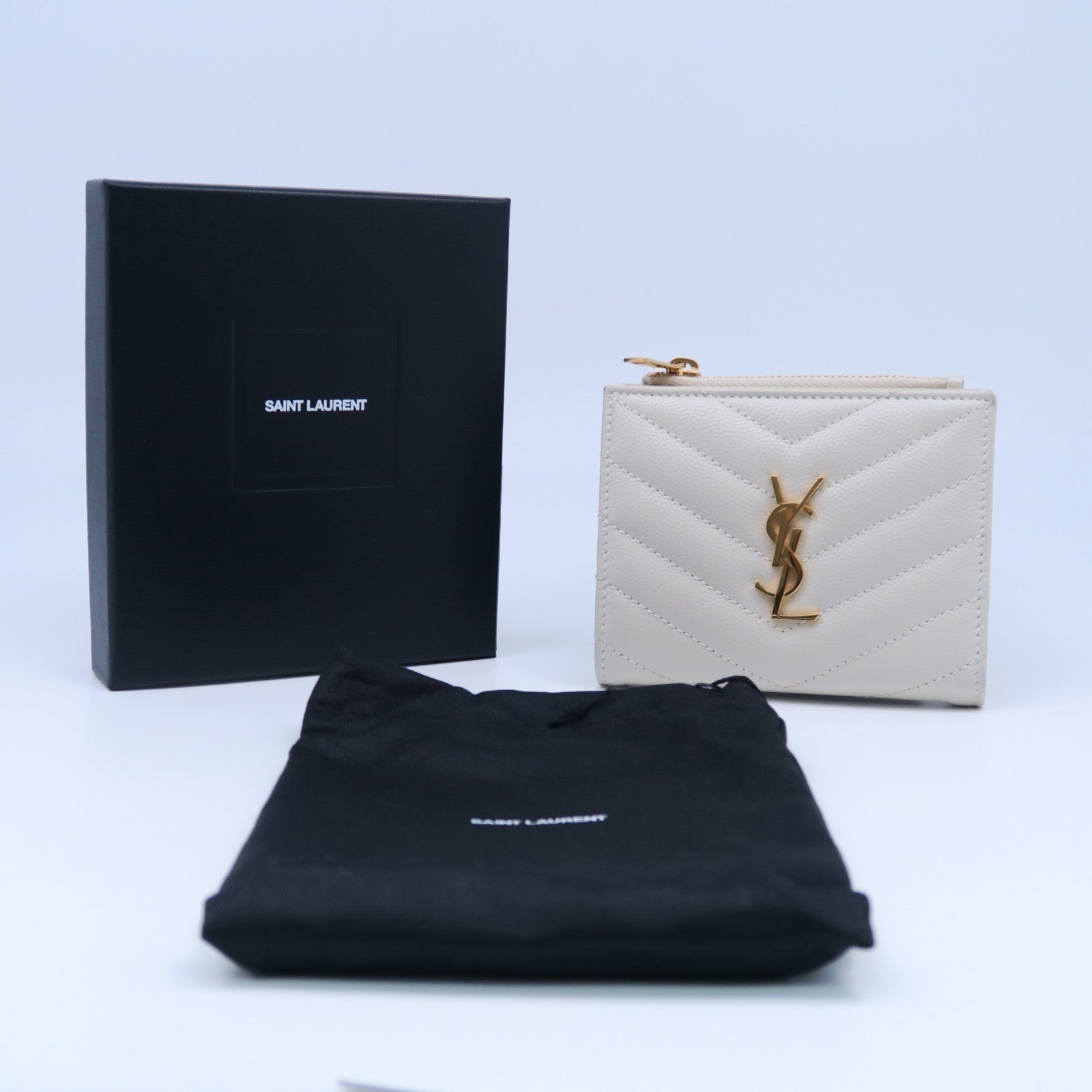 SAINT LAURENT 斜紋牛皮皮革Wallet金扣錢包白色