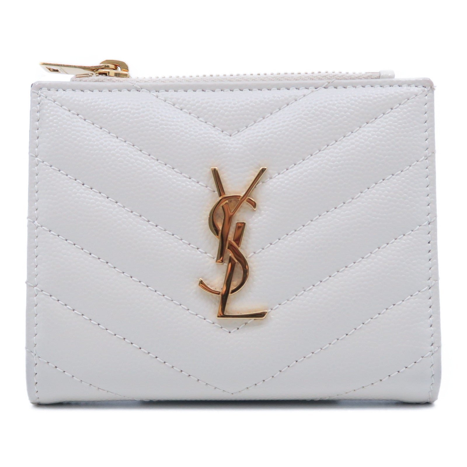 SAINT LAURENT 斜紋牛皮皮革Wallet金扣錢包白色