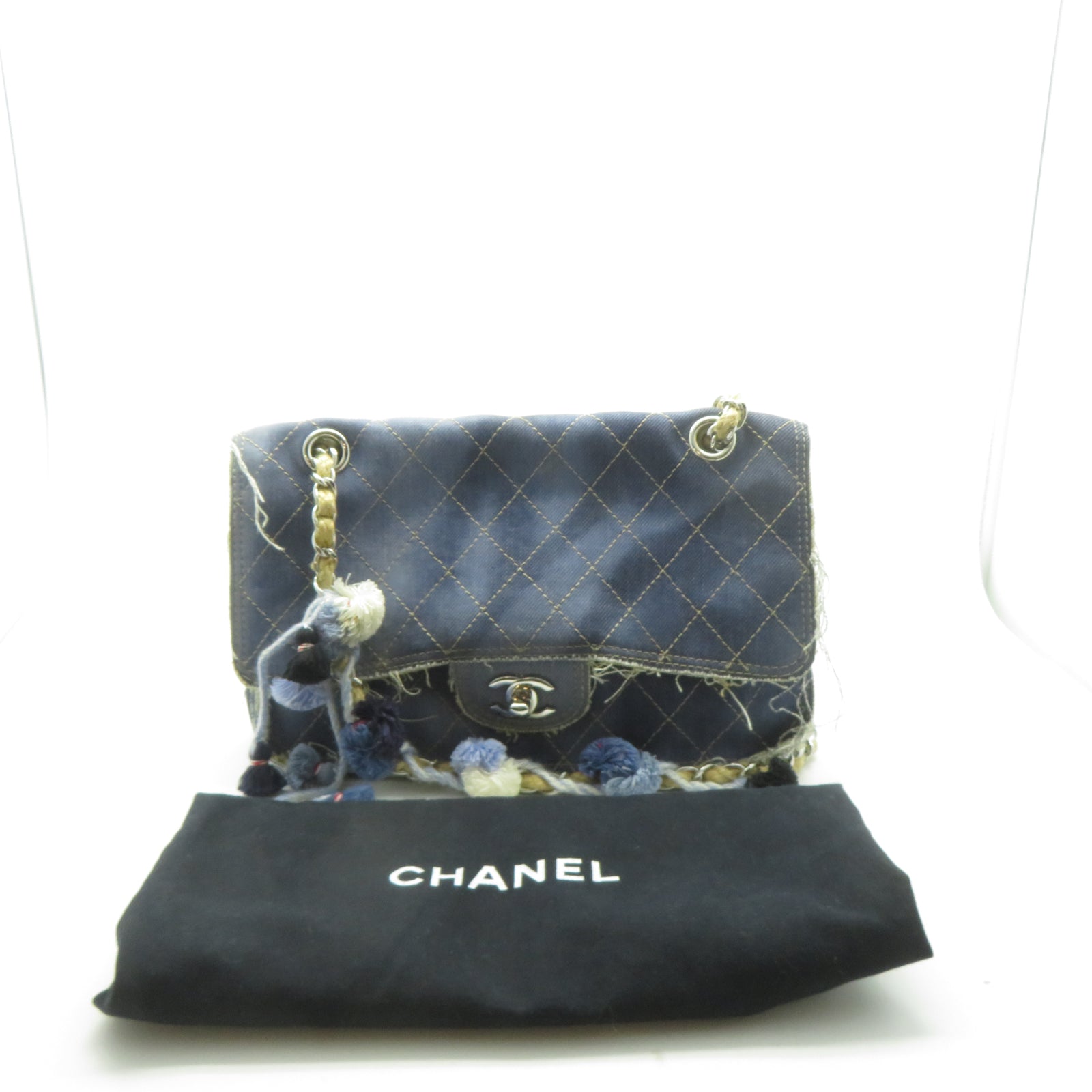 CHANEL 菱格牛仔布Chain Shoulder銀扣鏈帶肩背袋藍色