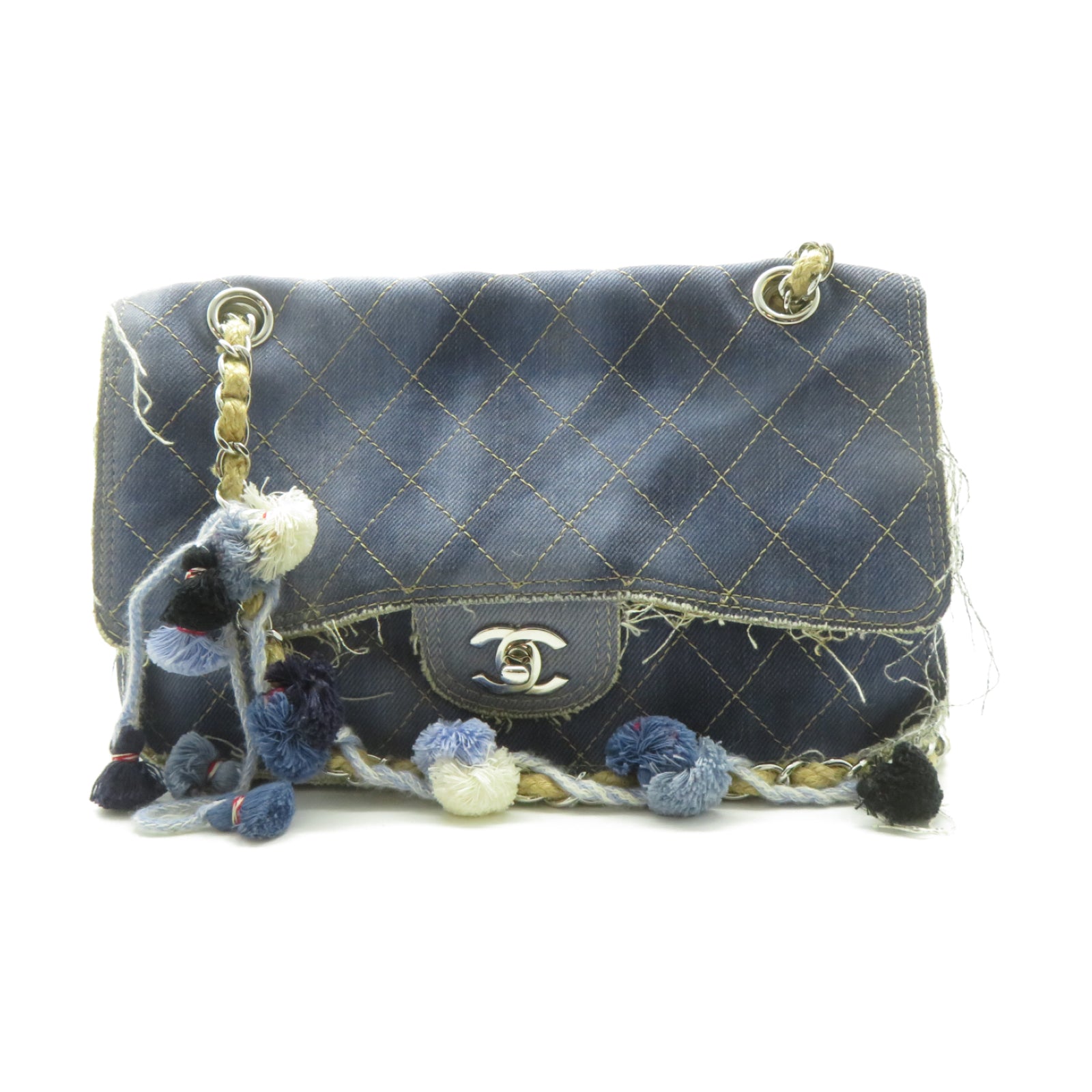 CHANEL 菱格牛仔布Chain Shoulder銀扣鏈帶肩背袋藍色