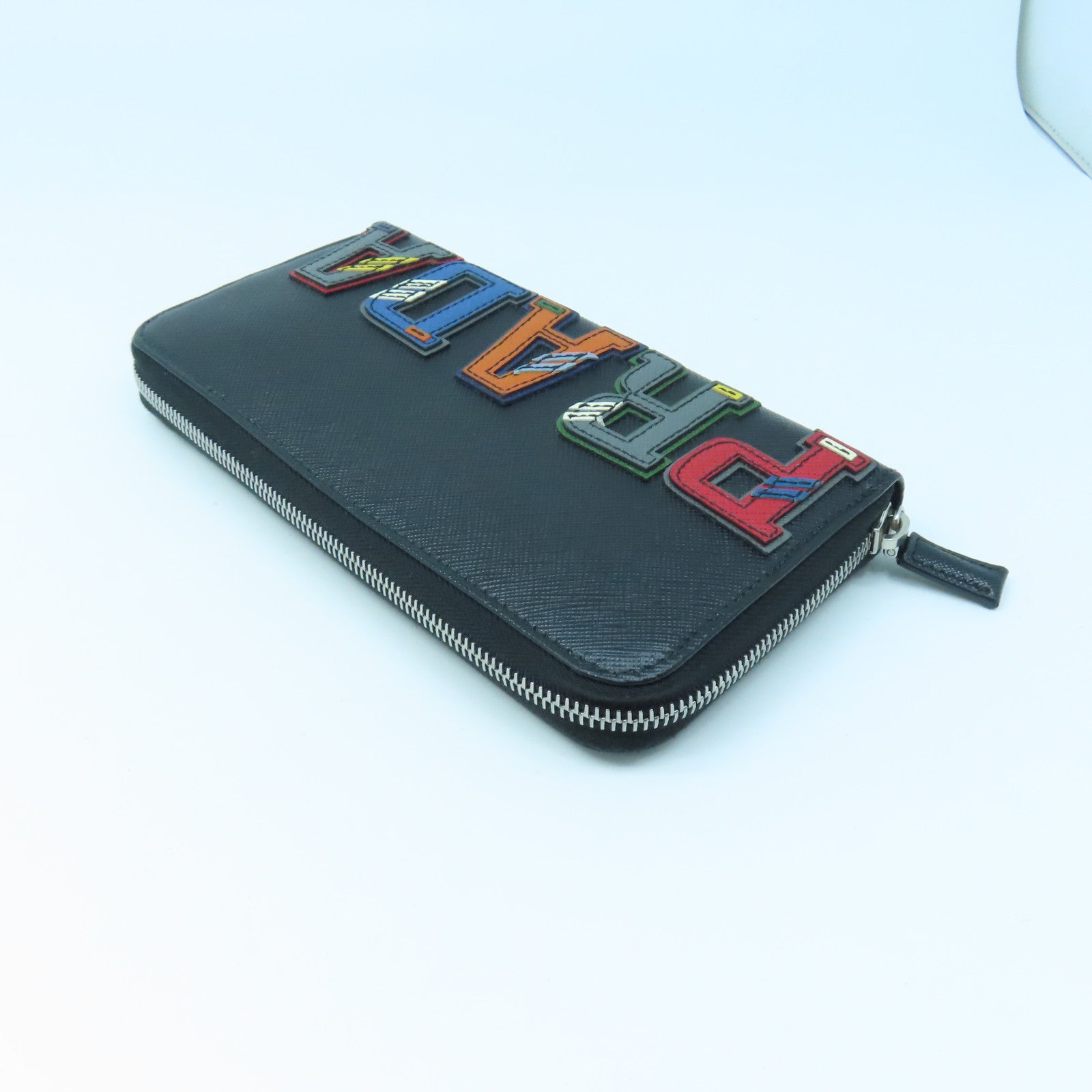 PRADA Cowhide Leather Long Wallet Silver Buckle Black/Color
