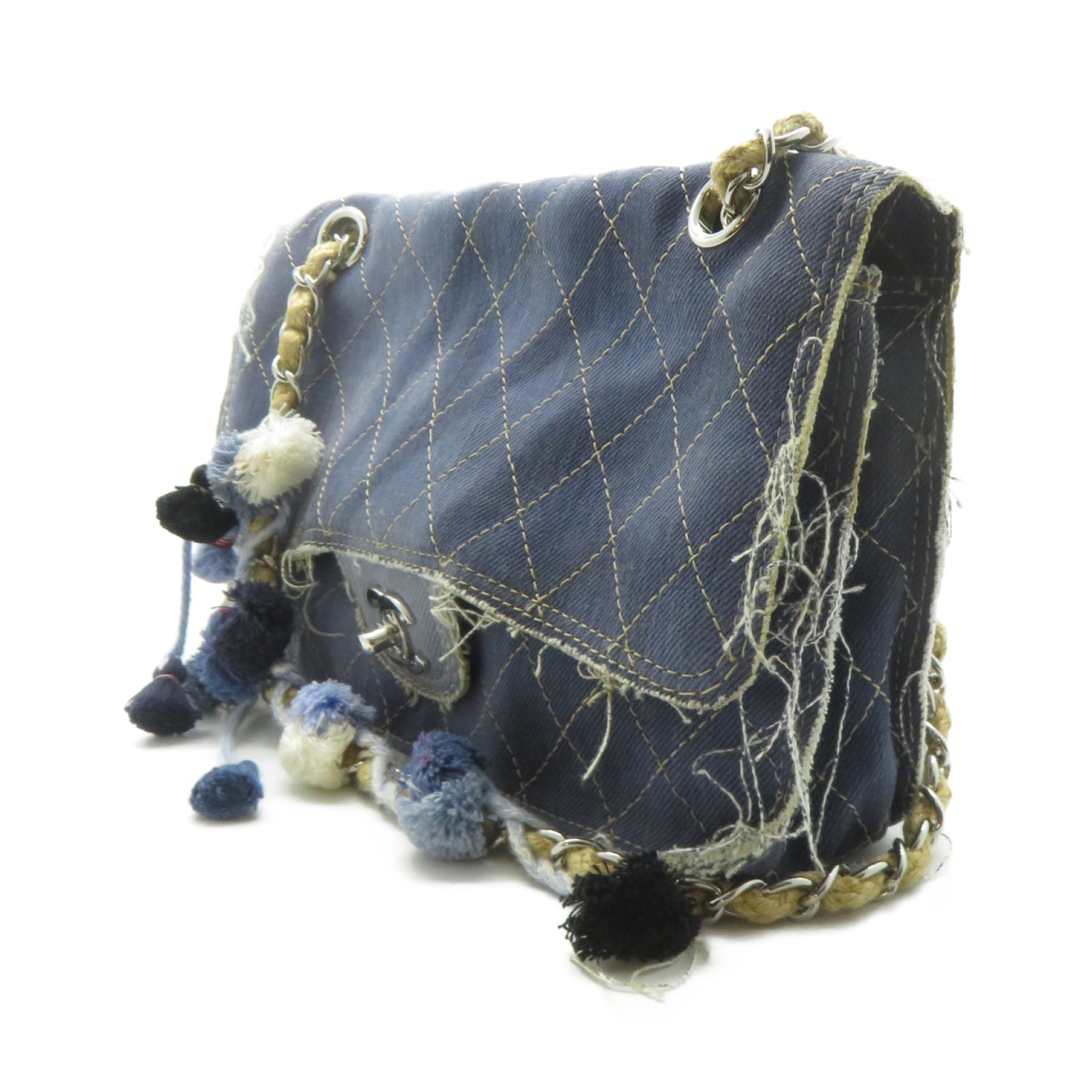 CHANEL 菱格牛仔布Chain Shoulder銀扣鏈帶肩背袋藍色