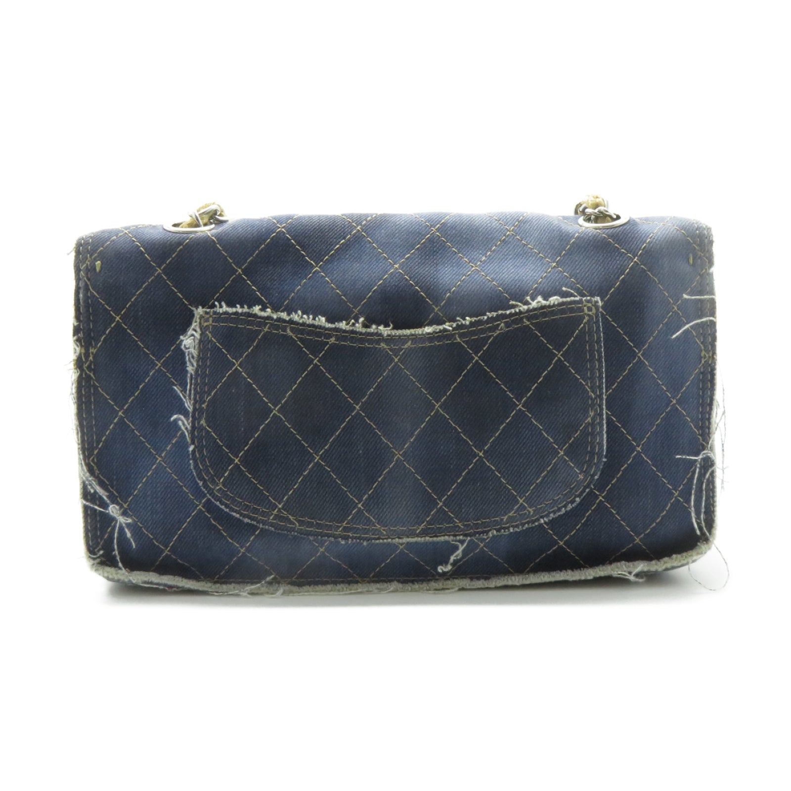 CHANEL 菱格牛仔布Chain Shoulder銀扣鏈帶肩背袋藍色
