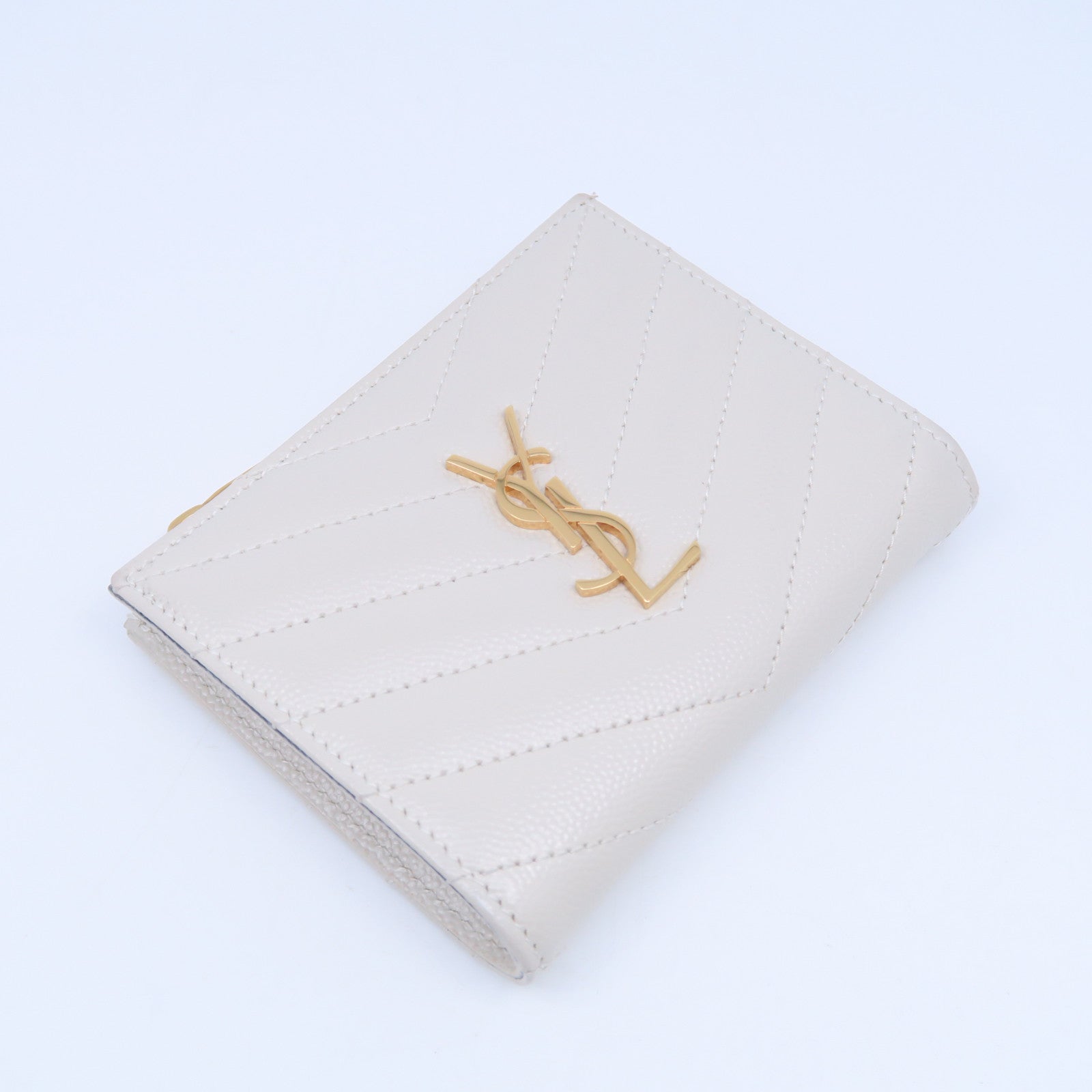 SAINT LAURENT 斜紋牛皮皮革Wallet金扣錢包白色
