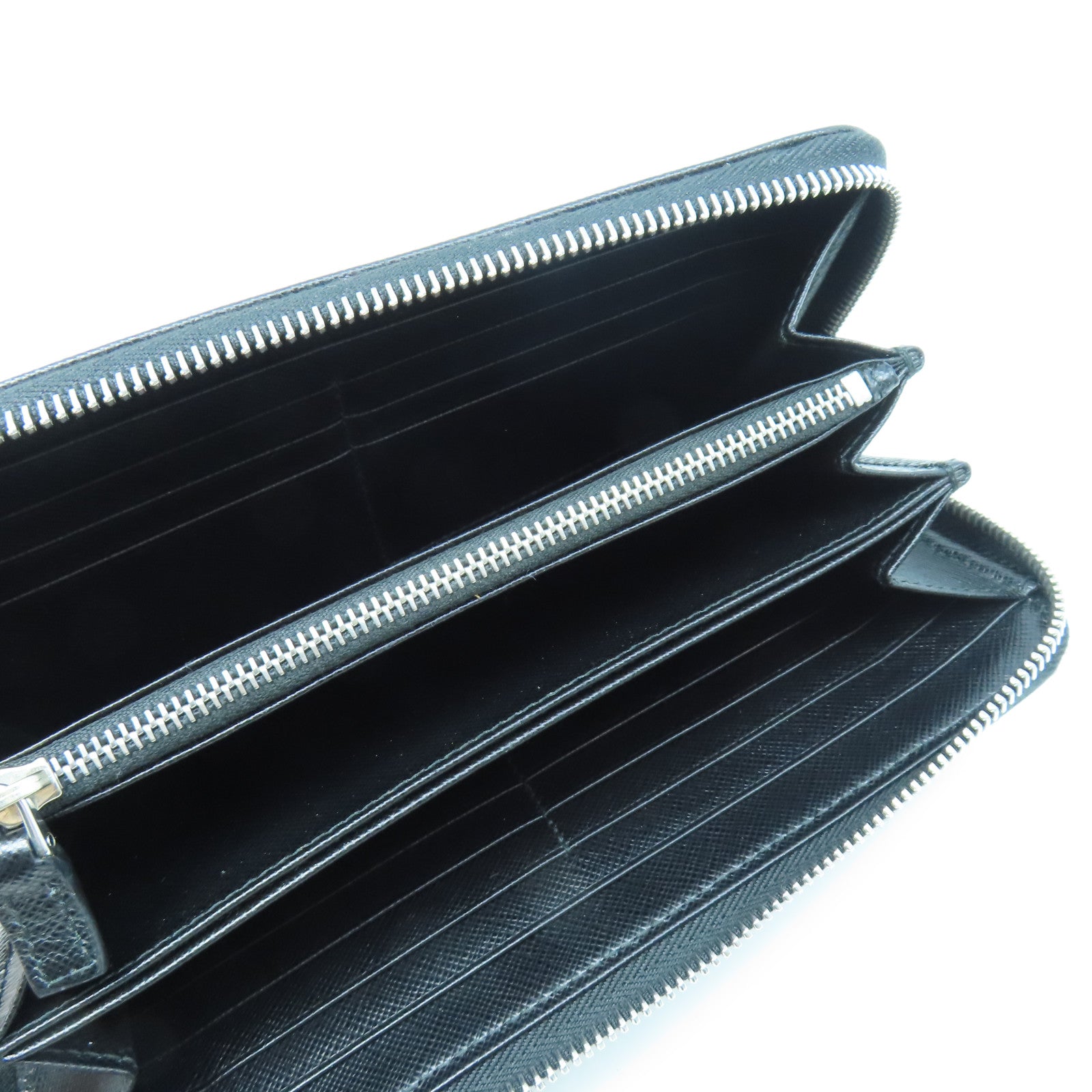 PRADA Cowhide Leather Long Wallet Silver Buckle Black/Color