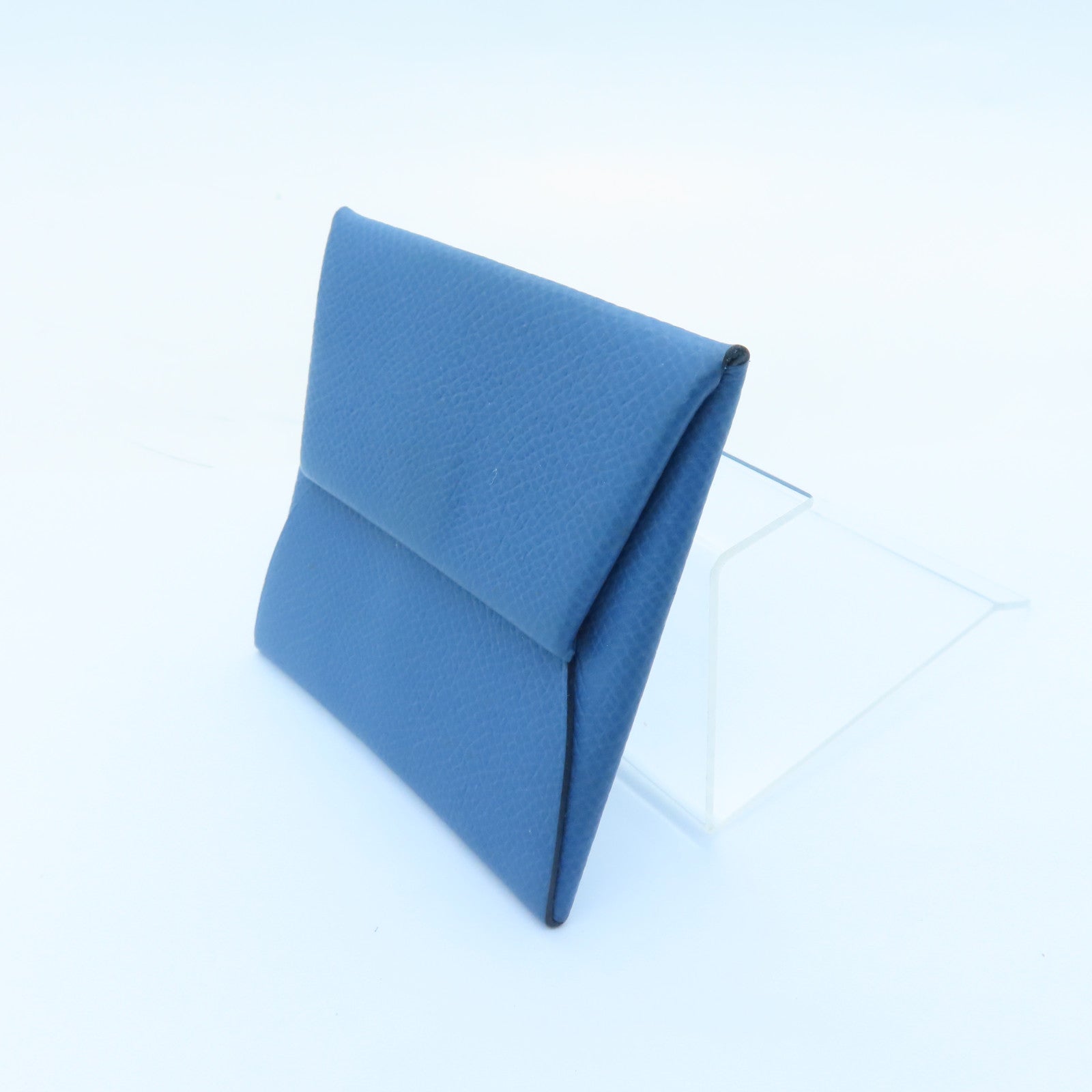 HERMES Epsom Leather Bastia Silver Buckle Coin Purse Blue