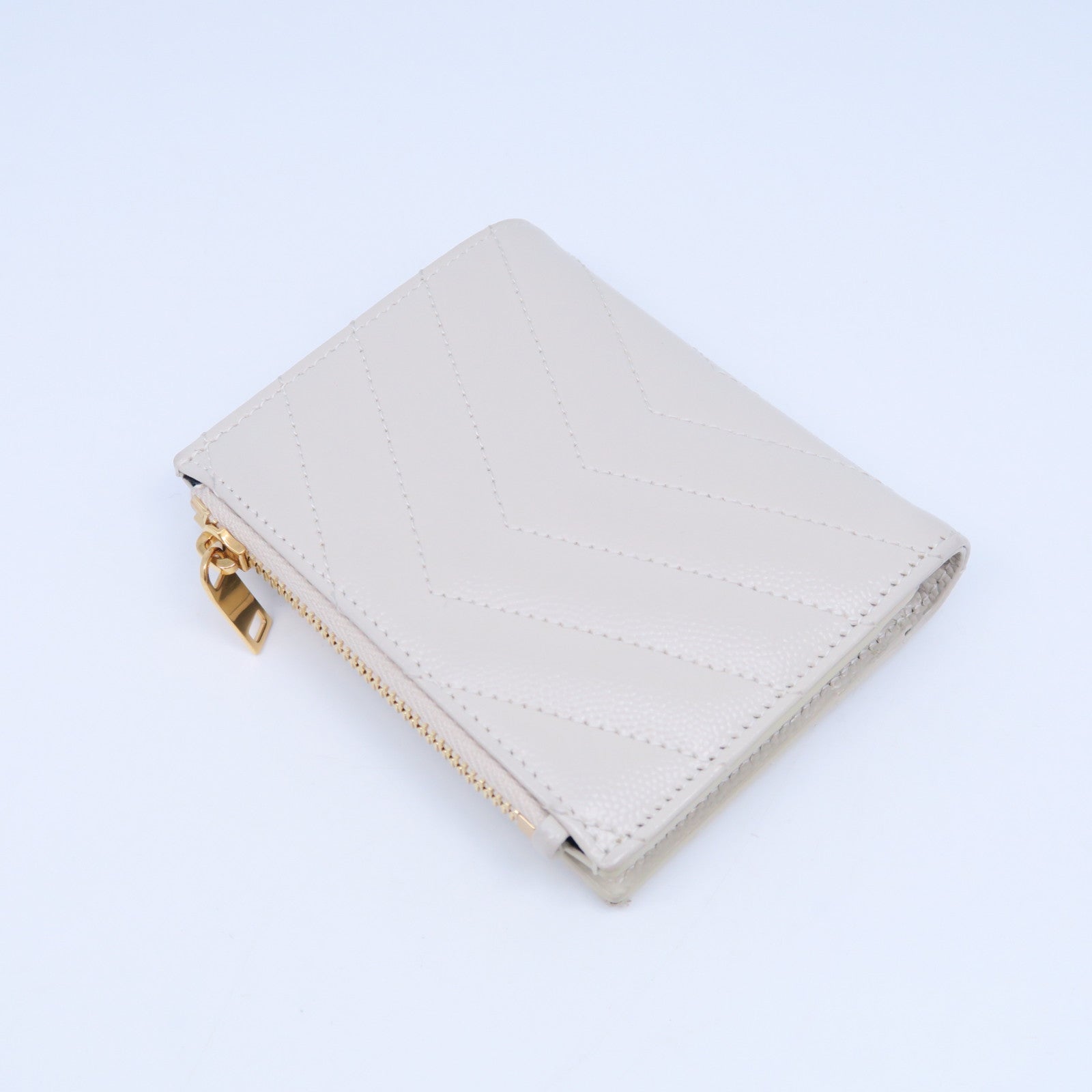 SAINT LAURENT 斜紋牛皮皮革Wallet金扣錢包白色