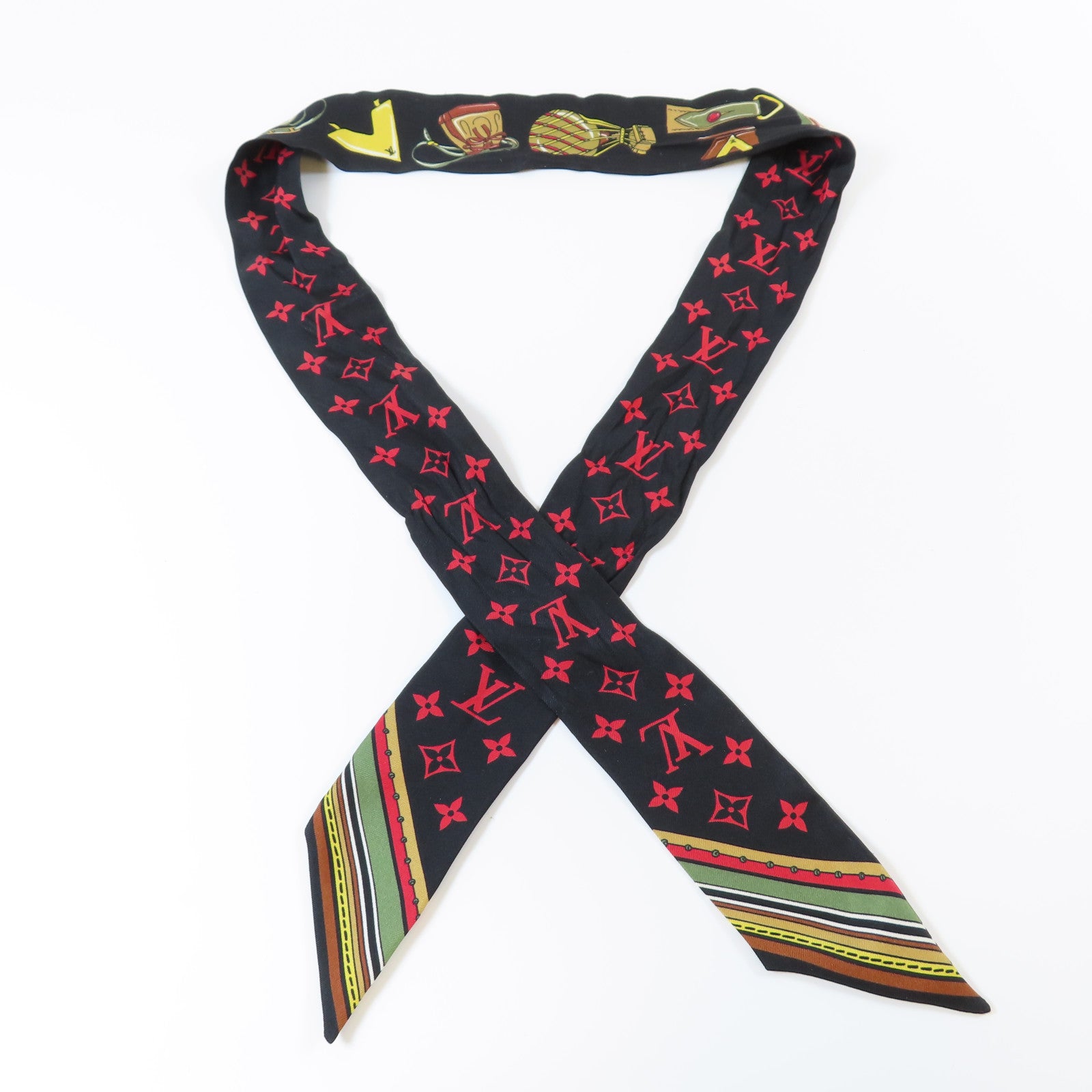 LOUIS VUITTON 絲質Bandeau Scarf絲巾黑色/啡色/紅色