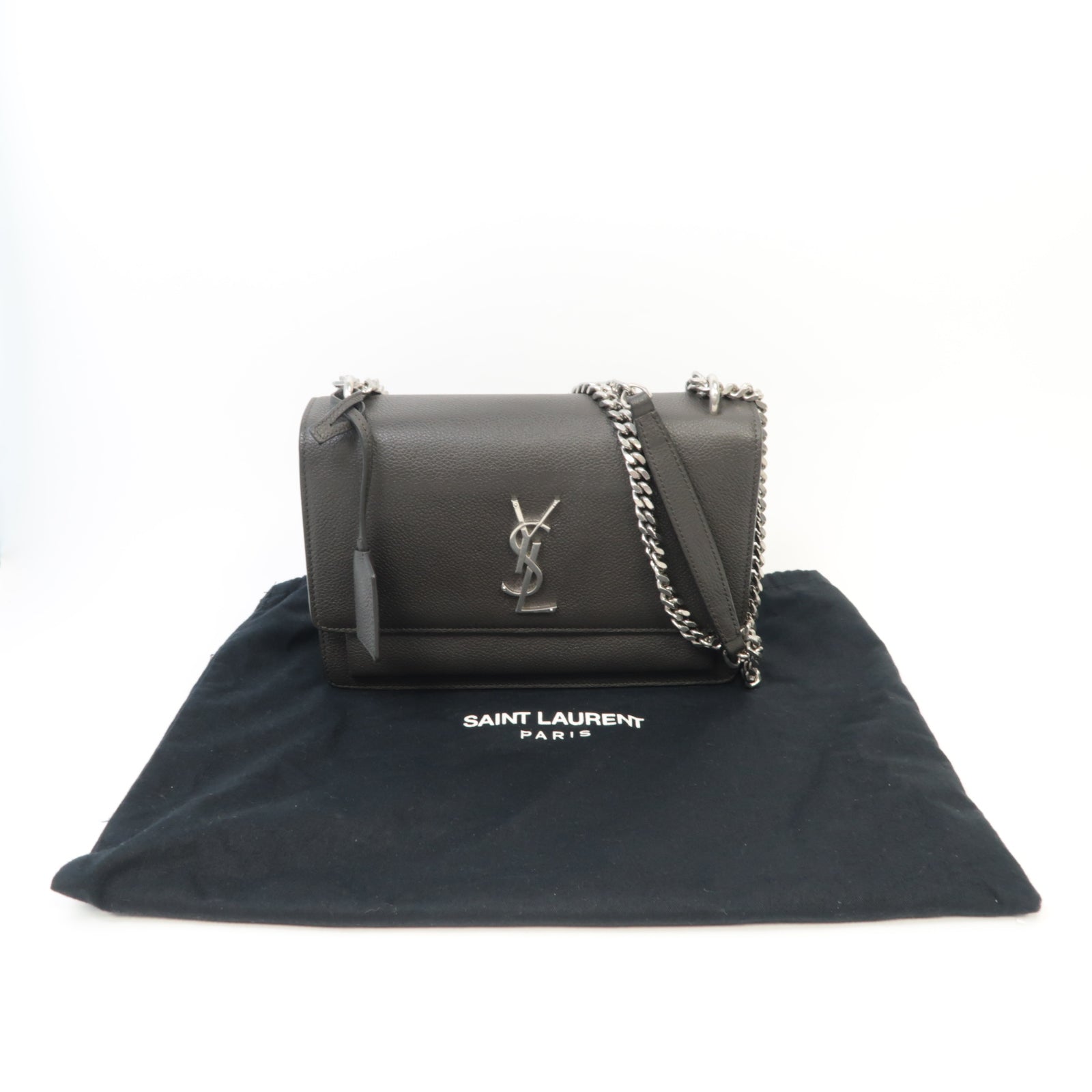 SAINT LAURENT 牛皮皮革Sunset Medium銀扣鏈帶肩背袋深灰色