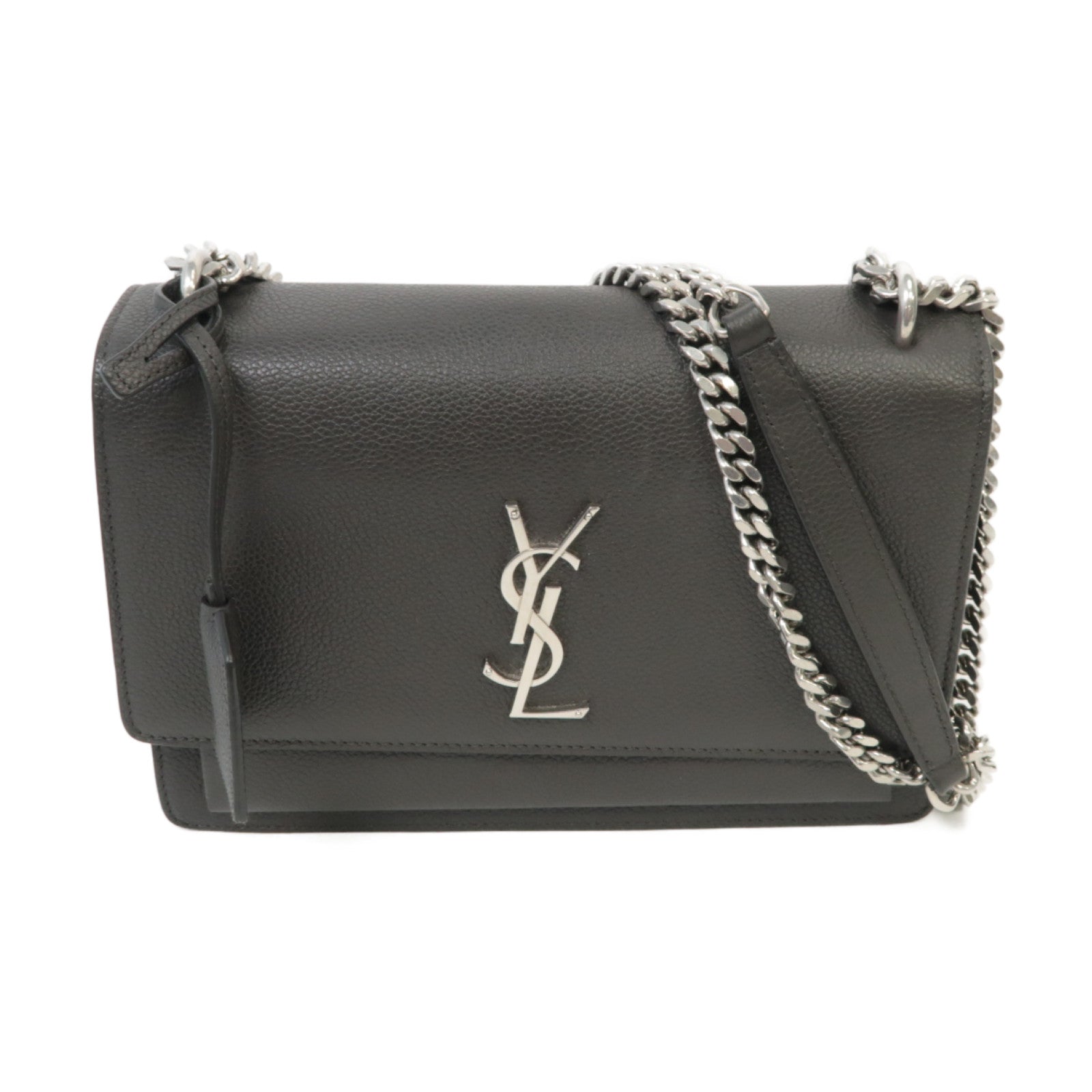 SAINT LAURENT 牛皮皮革Sunset Medium銀扣鏈帶肩背袋深灰色