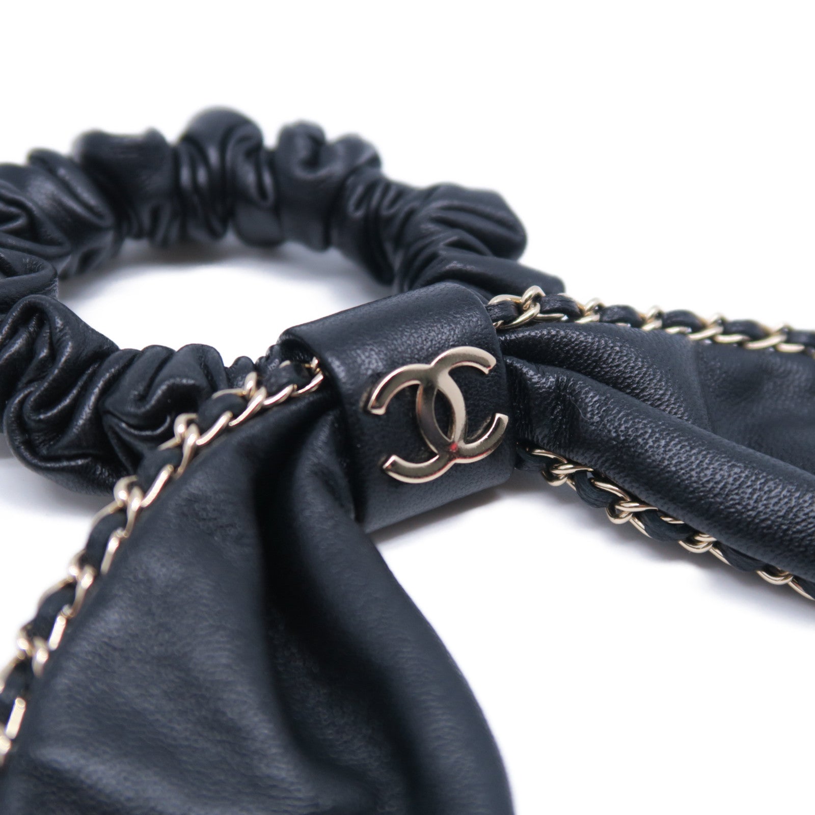 CHANEL 羊皮皮革Hair Tie髮圈黑色