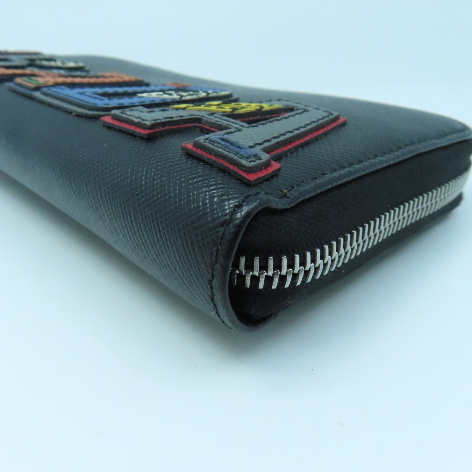 PRADA Cowhide Leather Long Wallet Silver Buckle Black/Color