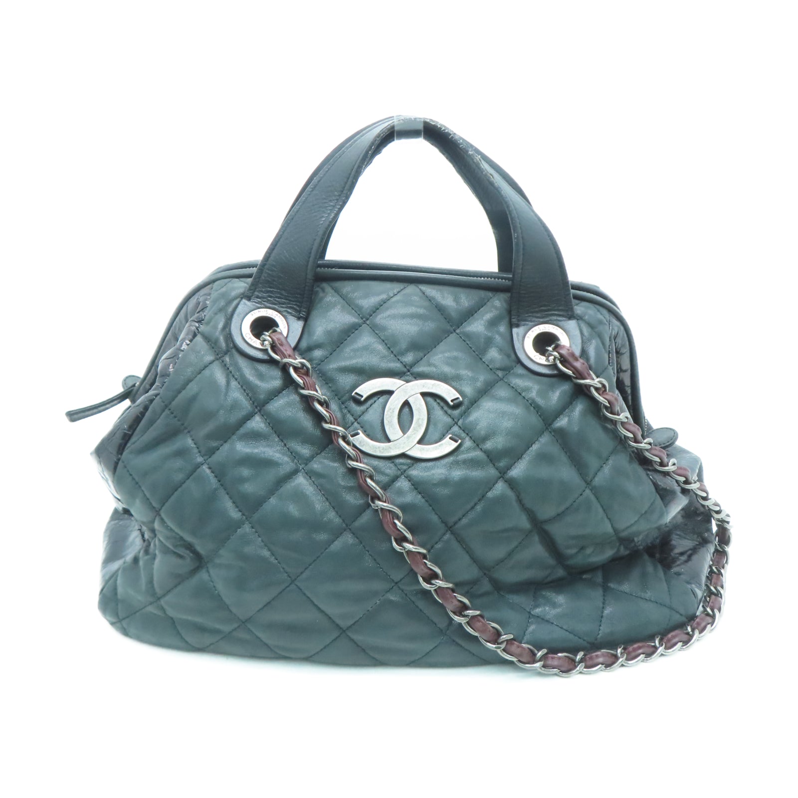 CHANEL 【激減優惠】菱格牛皮皮革Chain Shoulder銀扣鏈帶肩背袋黑色