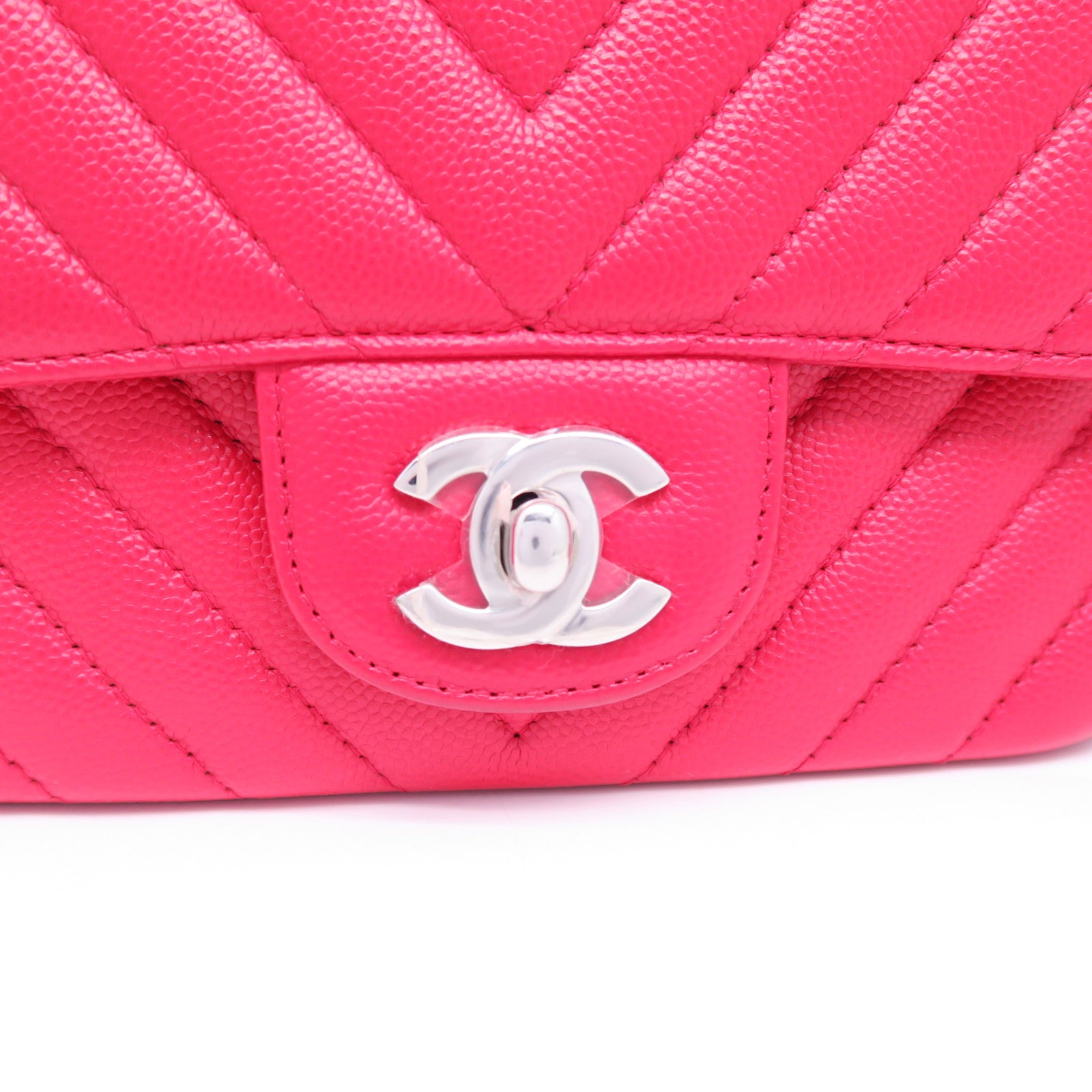 CHANEL 斜紋Caviar皮革Mini Flap銀扣鏈帶肩背袋紅色