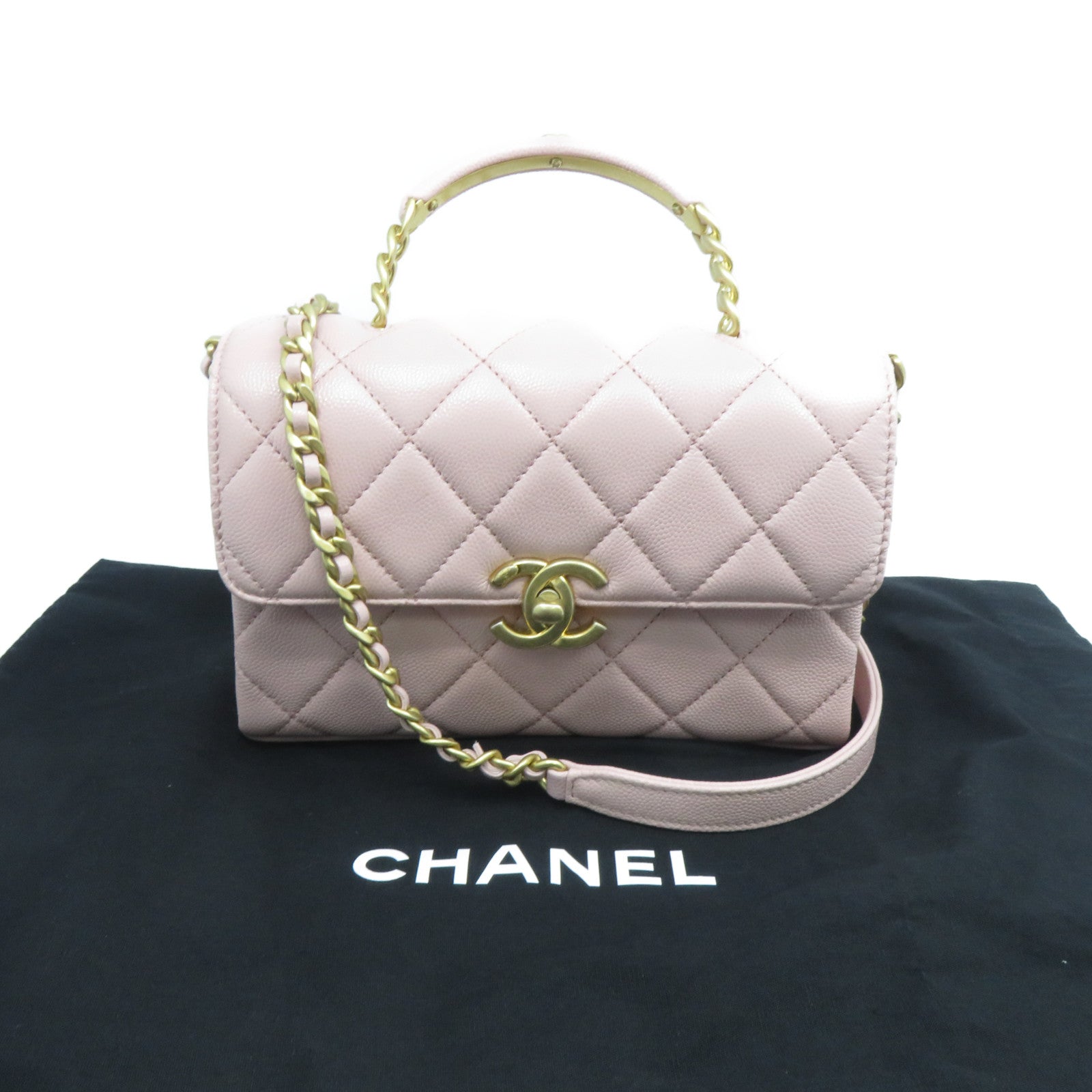CHANEL 菱格牛皮皮革Chain Shoulder金扣鏈帶手挽肩背兩用袋粉紅色