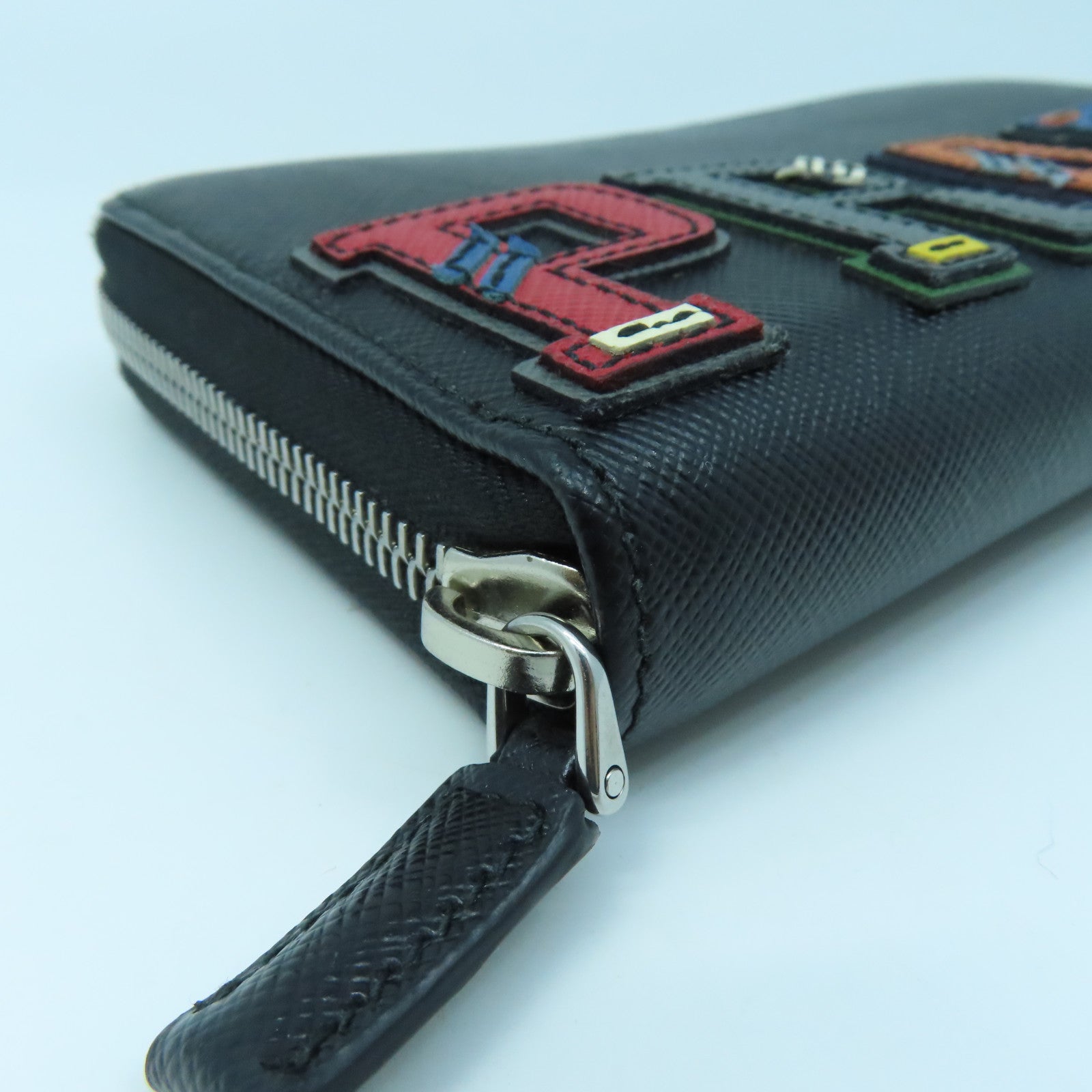 PRADA Cowhide Leather Long Wallet Silver Buckle Black/Color