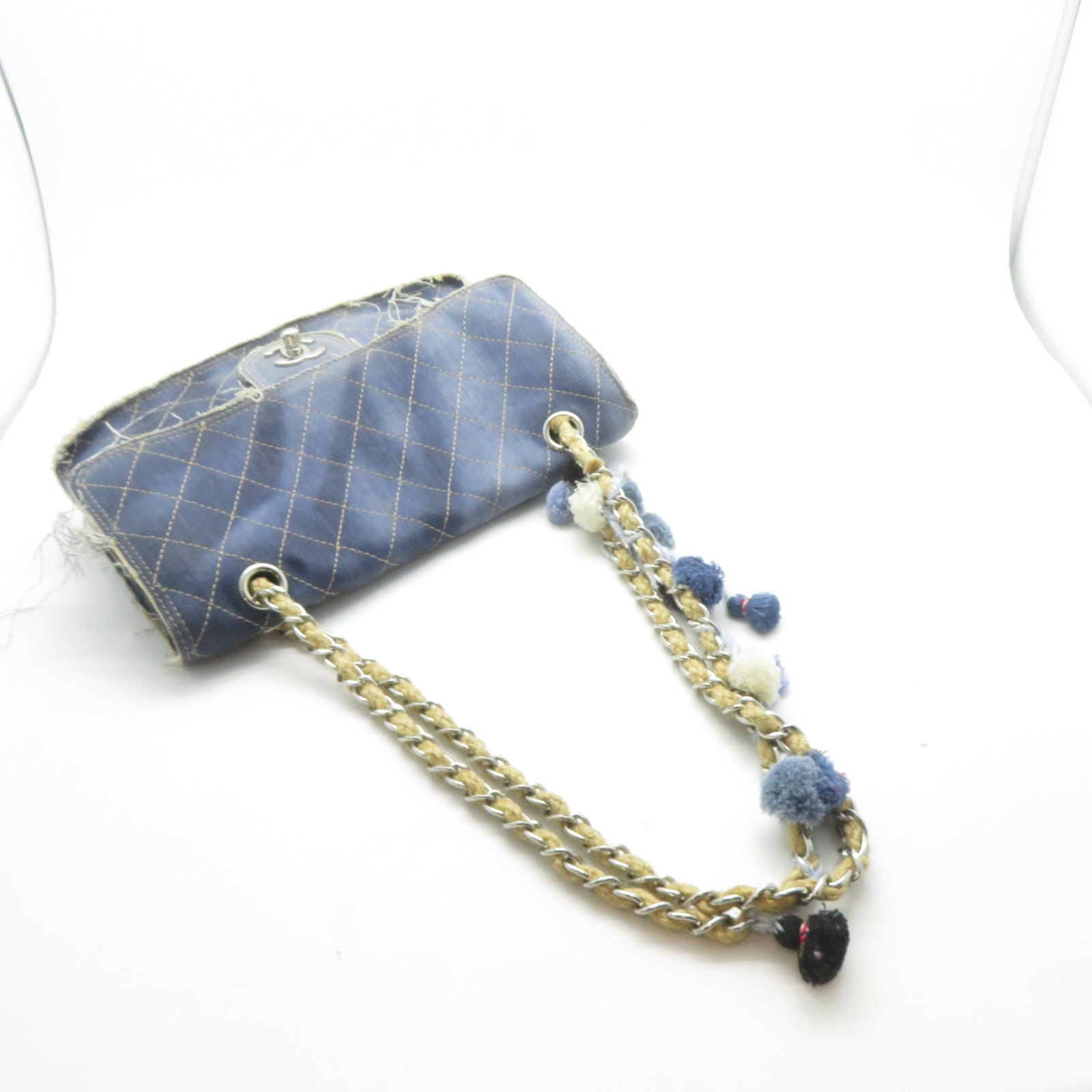 CHANEL 菱格牛仔布Chain Shoulder銀扣鏈帶肩背袋藍色