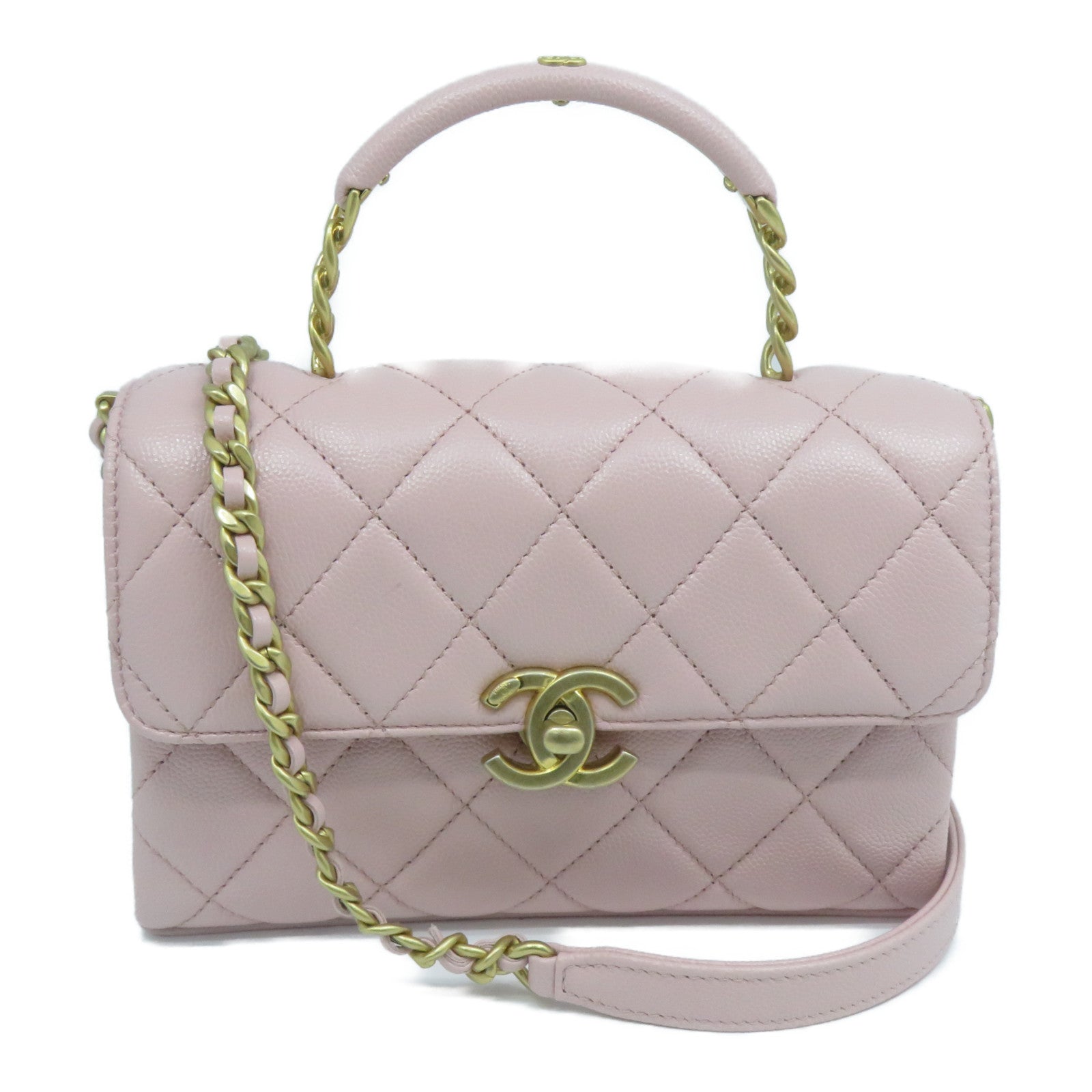 CHANEL 菱格牛皮皮革Chain Shoulder金扣鏈帶手挽肩背兩用袋粉紅色