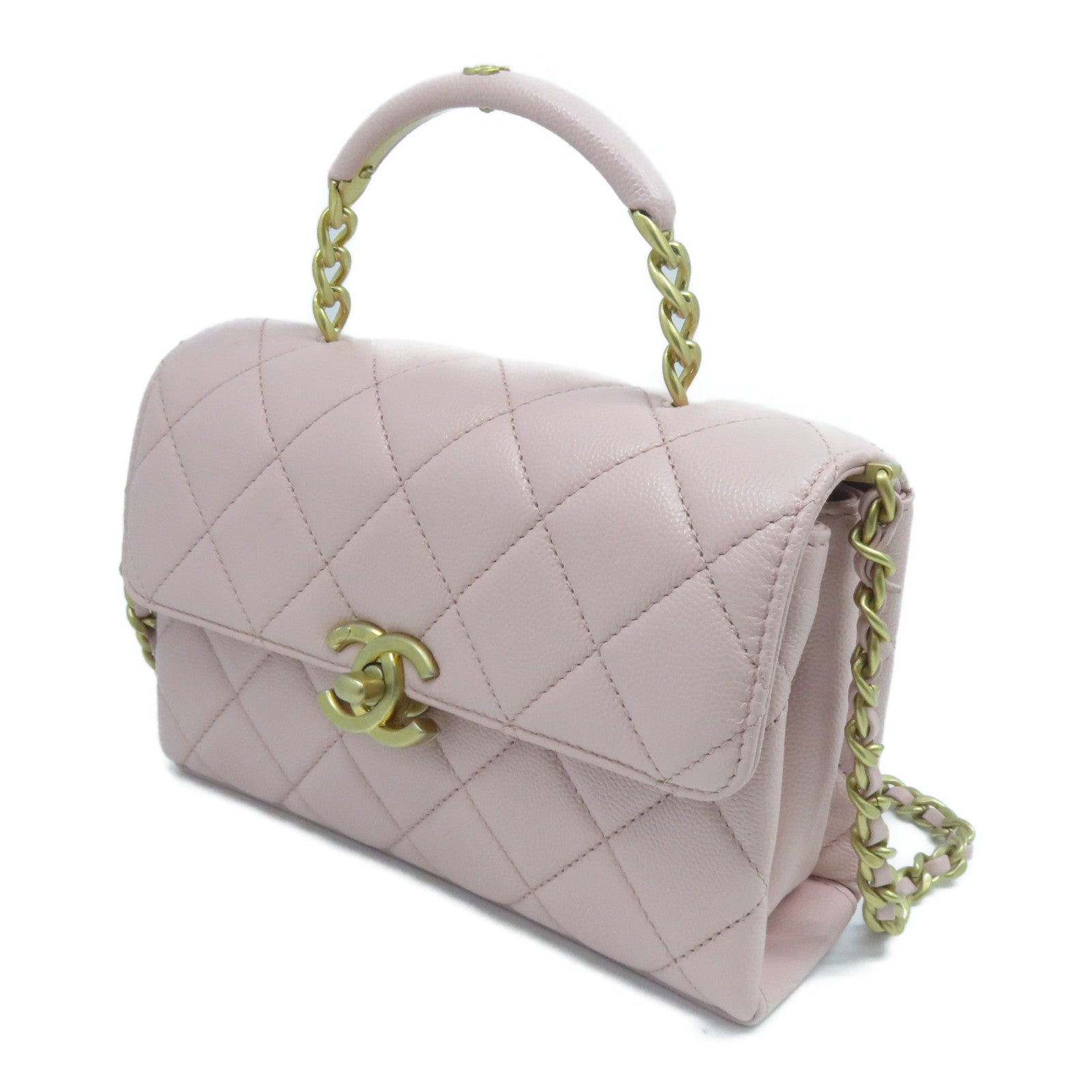 CHANEL 菱格牛皮皮革Chain Shoulder金扣鏈帶手挽肩背兩用袋粉紅色