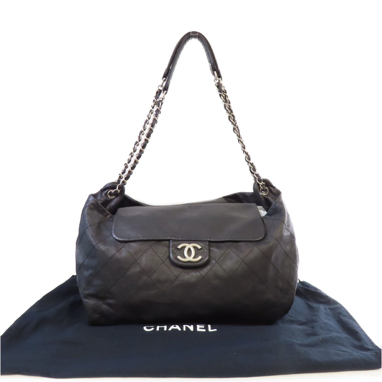CHANEL 菱格羊皮皮革Chain Shoulder Bag銀扣鏈帶肩背袋黑色