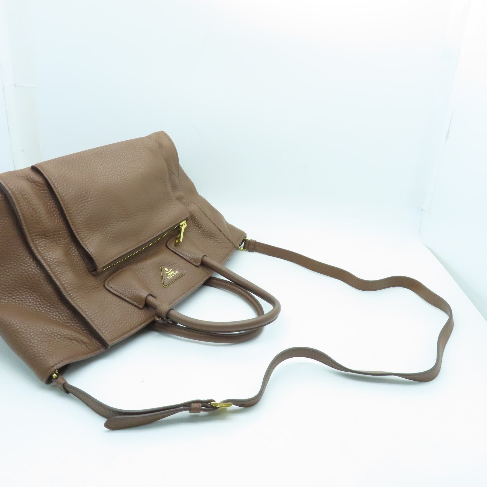 PRADA 牛皮皮革2way Shoulder Bag金扣手挽肩背兩用袋啡色