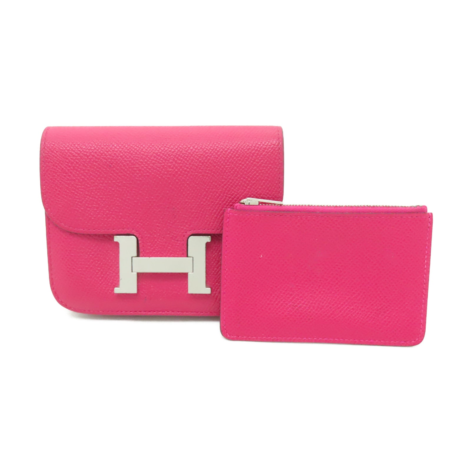 HERMES Epsom皮革Constance Slim銀扣手拿包粉紅色