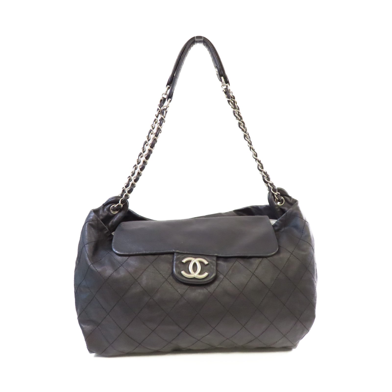 CHANEL 菱格羊皮皮革Chain Shoulder Bag銀扣鏈帶肩背袋黑色