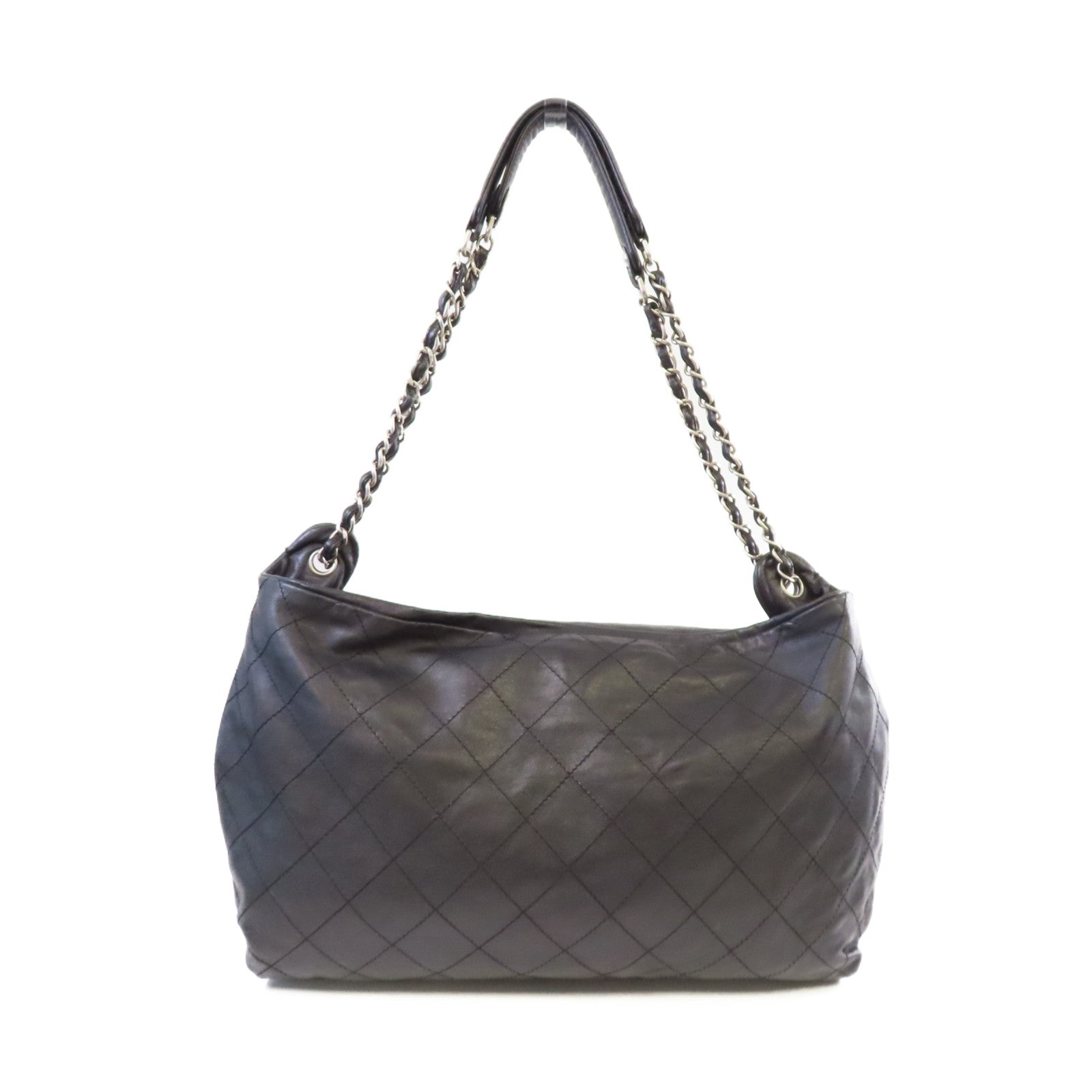 CHANEL 菱格羊皮皮革Chain Shoulder Bag銀扣鏈帶肩背袋黑色
