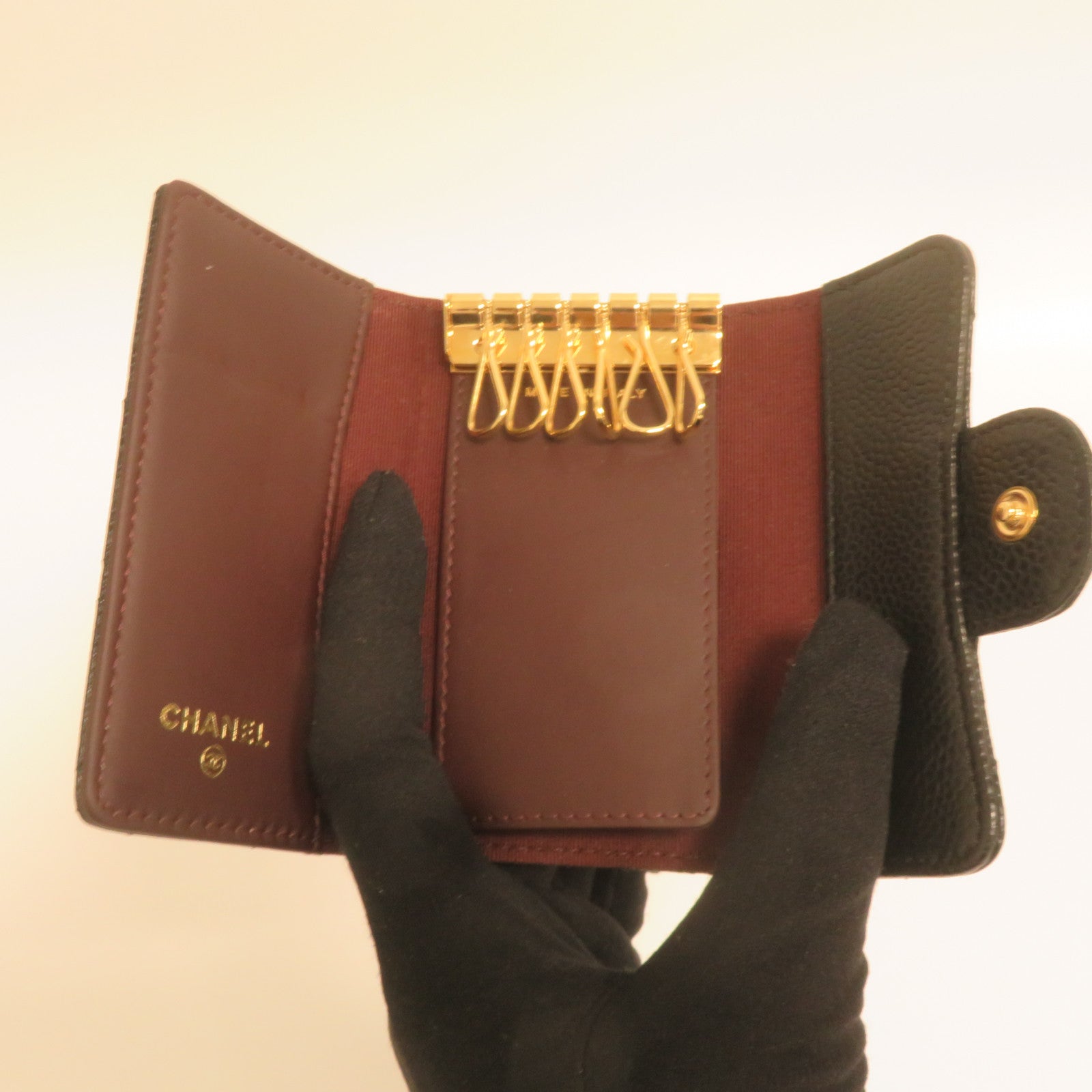 CHANEL 菱格牛皮皮革金扣Key Case鑰匙套黑色