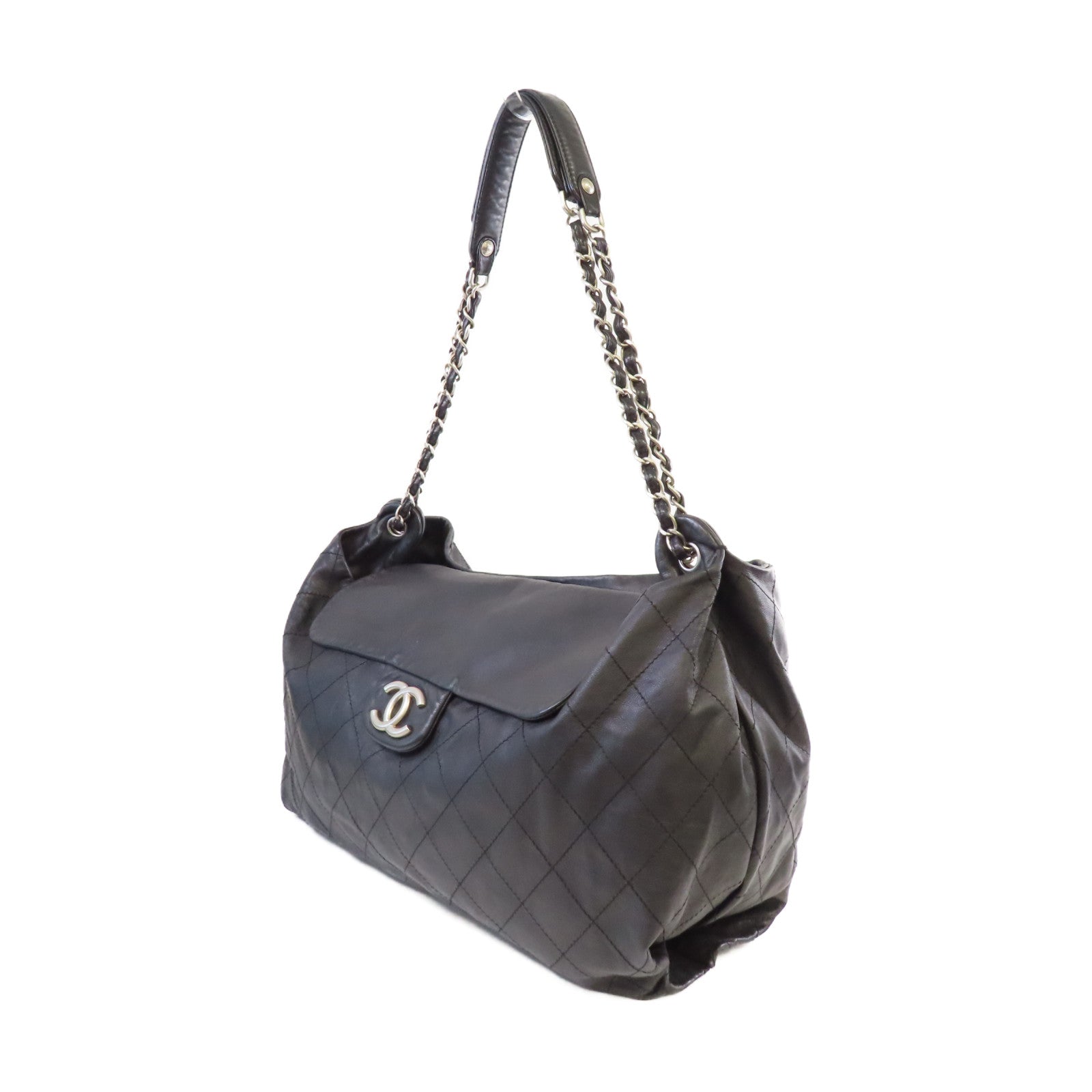 CHANEL 菱格羊皮皮革Chain Shoulder Bag銀扣鏈帶肩背袋黑色