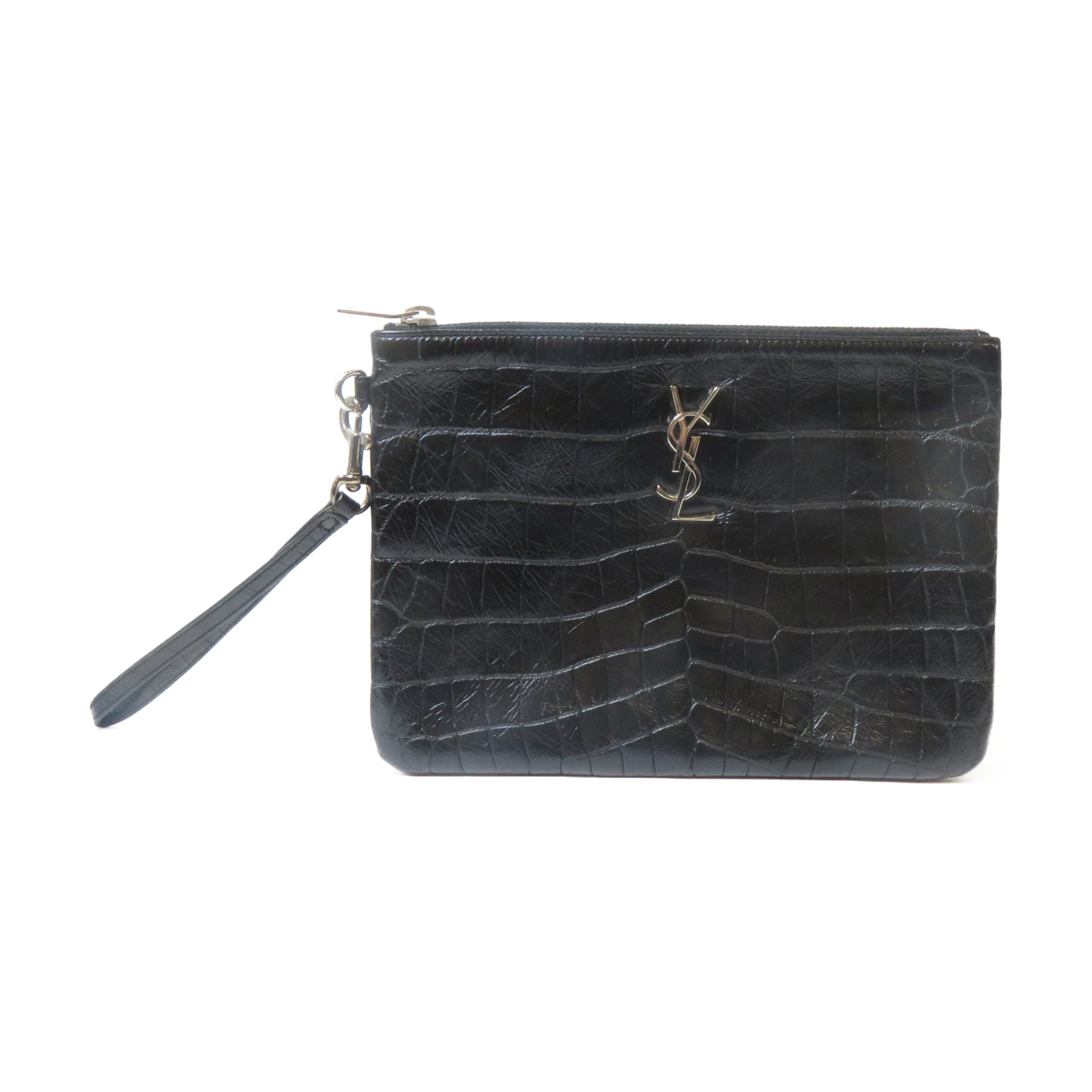 SAINT LAURENT 牛皮皮革Pouch銀扣手拿包黑色