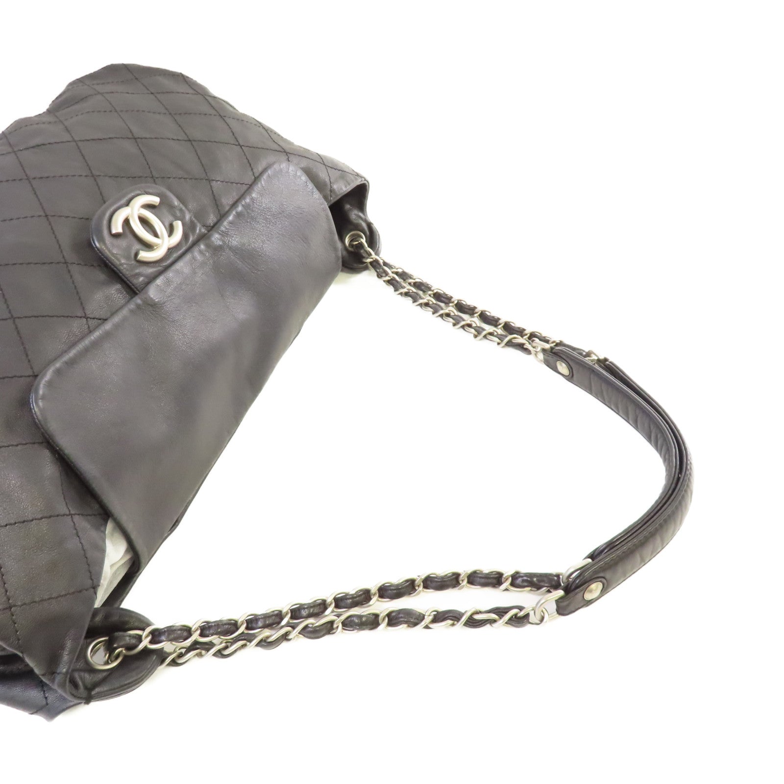 CHANEL 菱格羊皮皮革Chain Shoulder Bag銀扣鏈帶肩背袋黑色