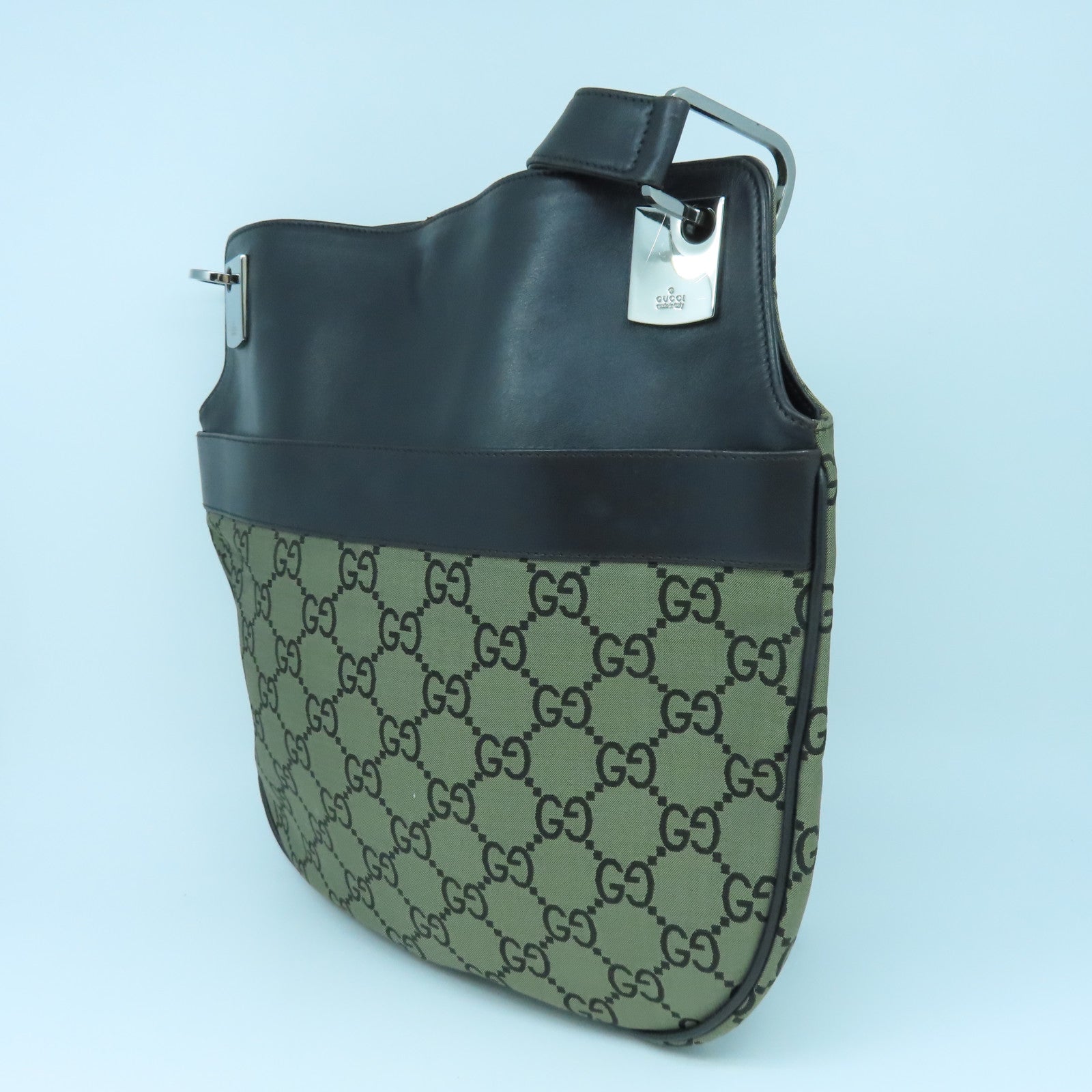 GUCCI 【激減優惠】尼龍皮革Shoulder Bag銀扣肩背袋啡色