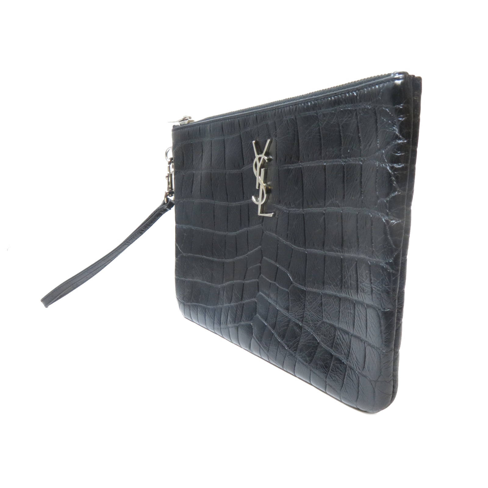 SAINT LAURENT 牛皮皮革Pouch銀扣手拿包黑色