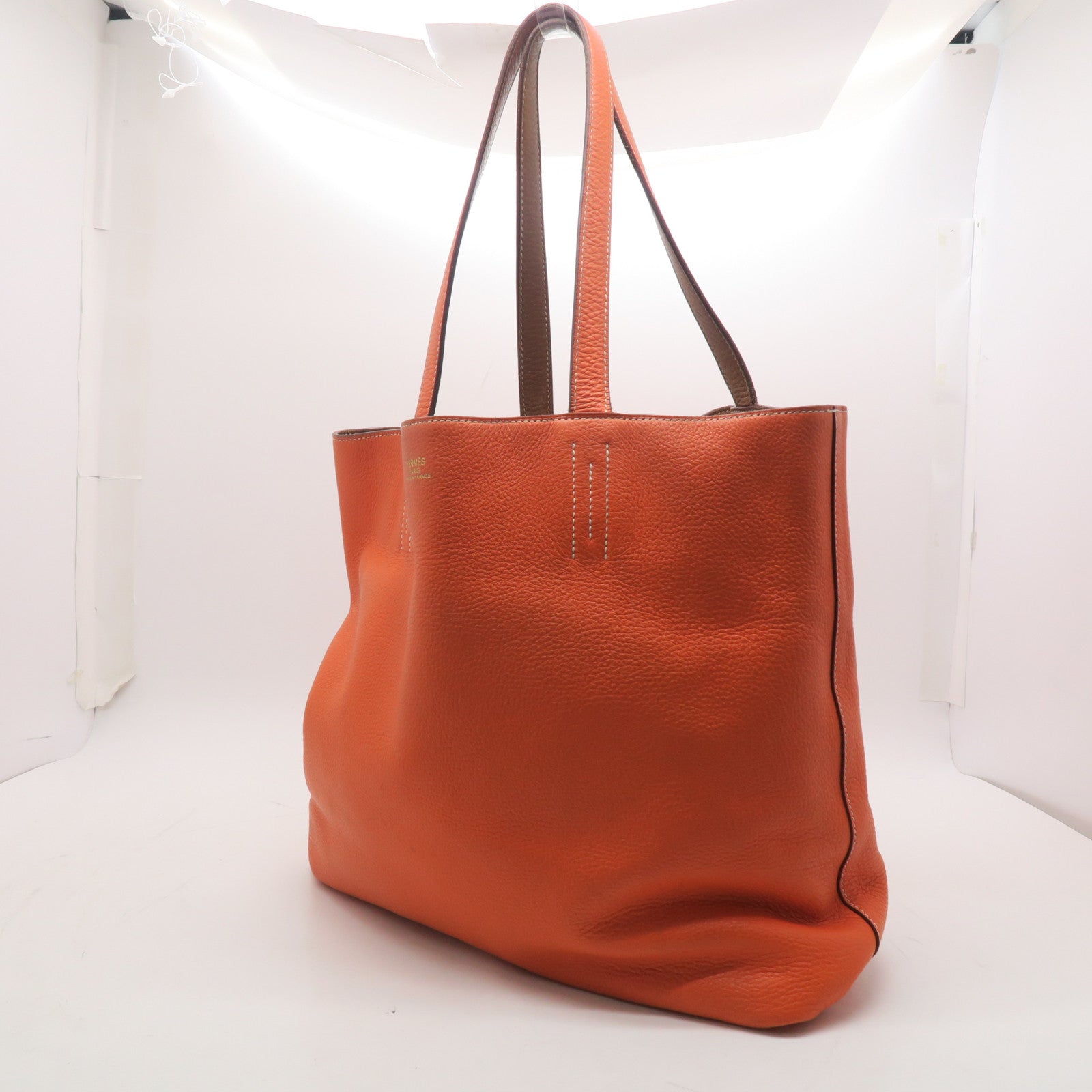 HERMES Clemence Leather Double Sens Tote Bag Brown/Orange