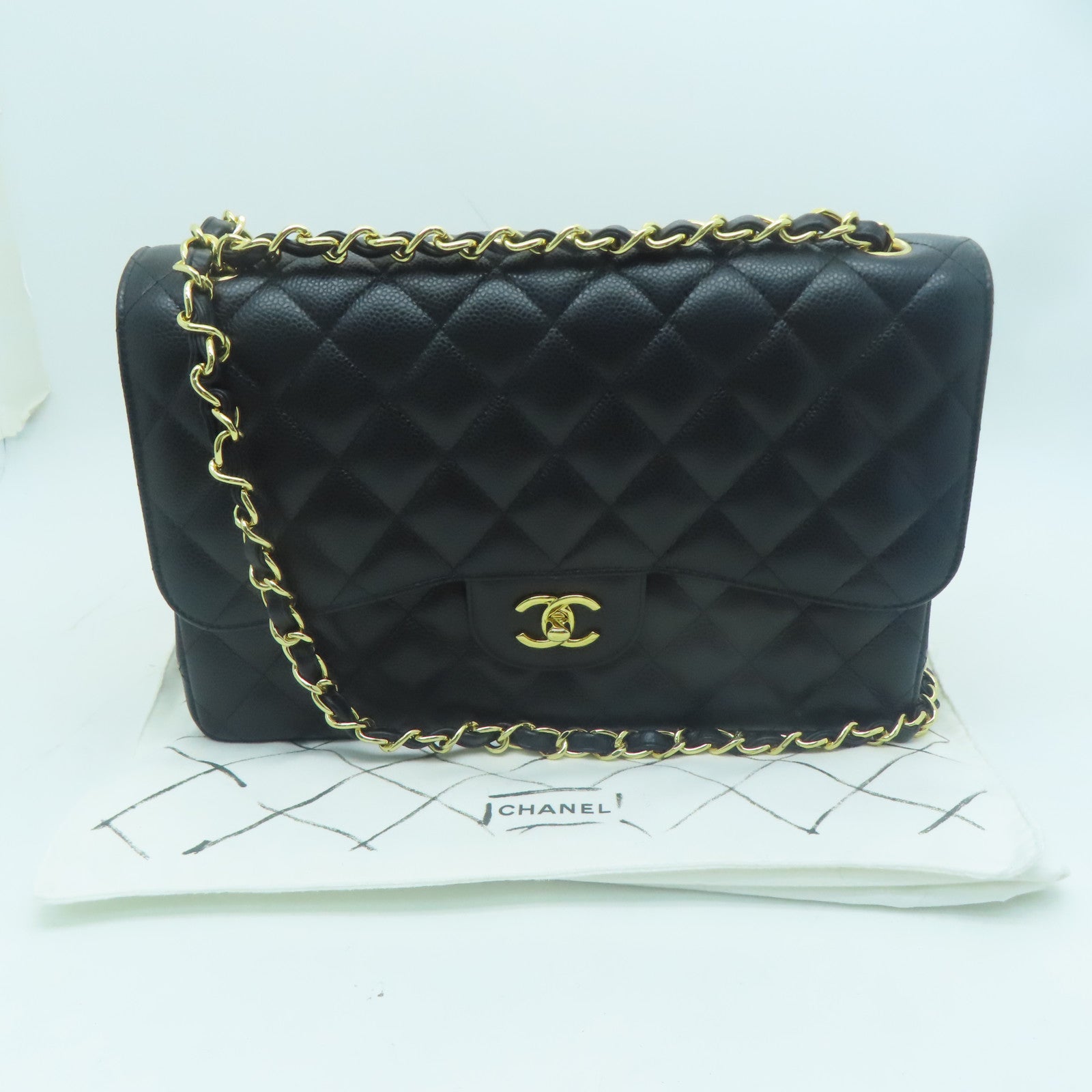 CHANEL 菱格Caviar皮革Classic Jumbo Double Flap金扣鏈帶肩背袋黑色