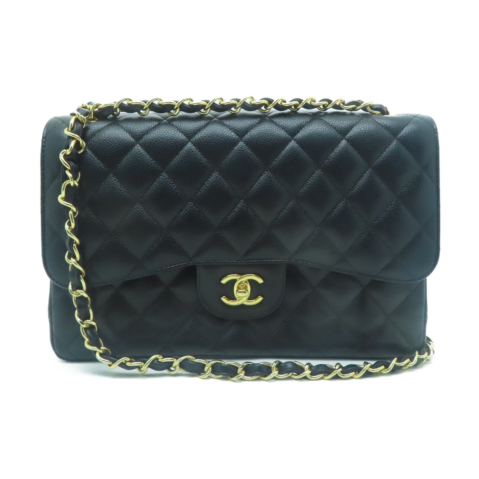 CHANEL 菱格Caviar皮革Classic Jumbo Double Flap金扣鏈帶肩背袋黑色