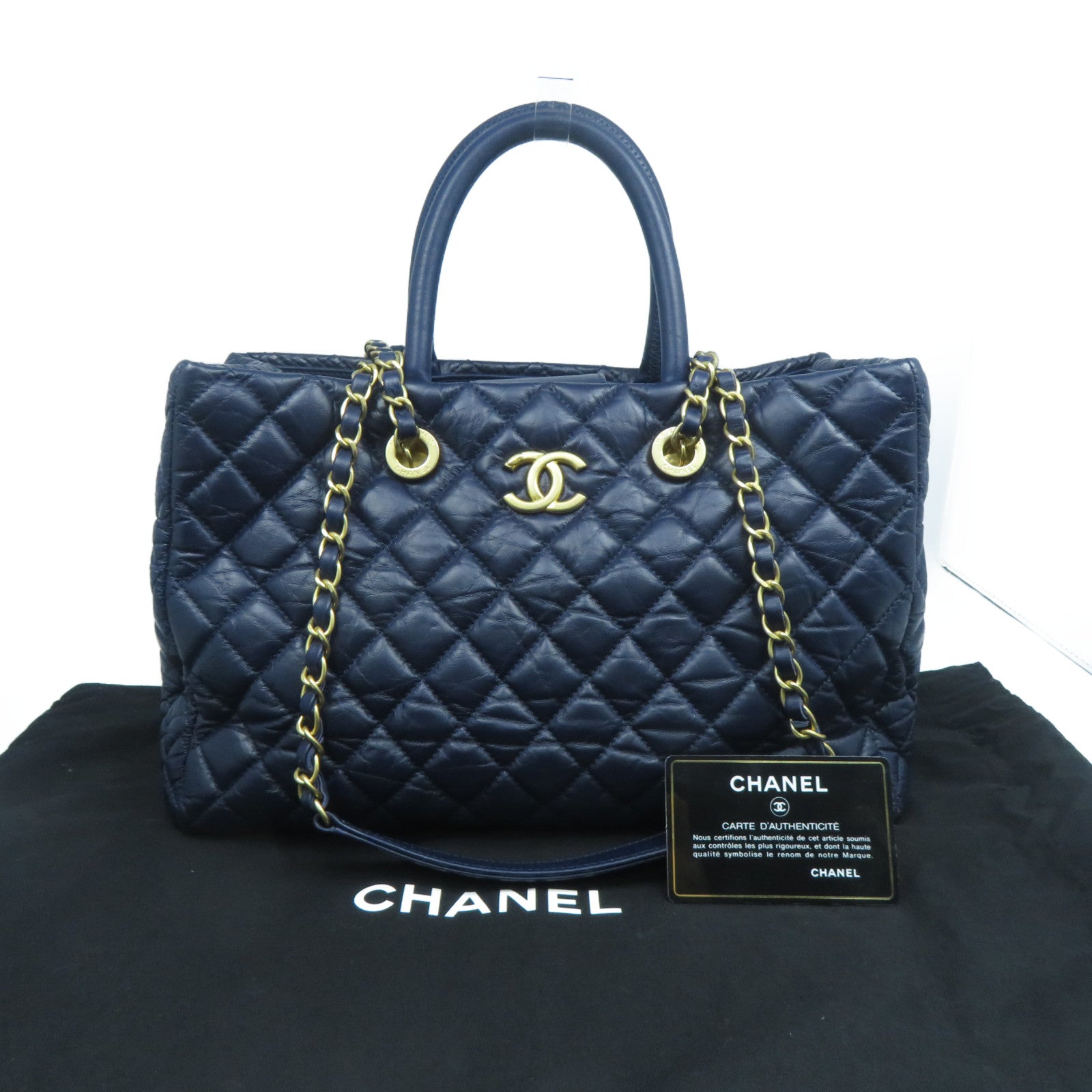 CHANEL 菱格牛皮皮革2 Way Shoulder金扣手挽肩背兩用袋深藍色