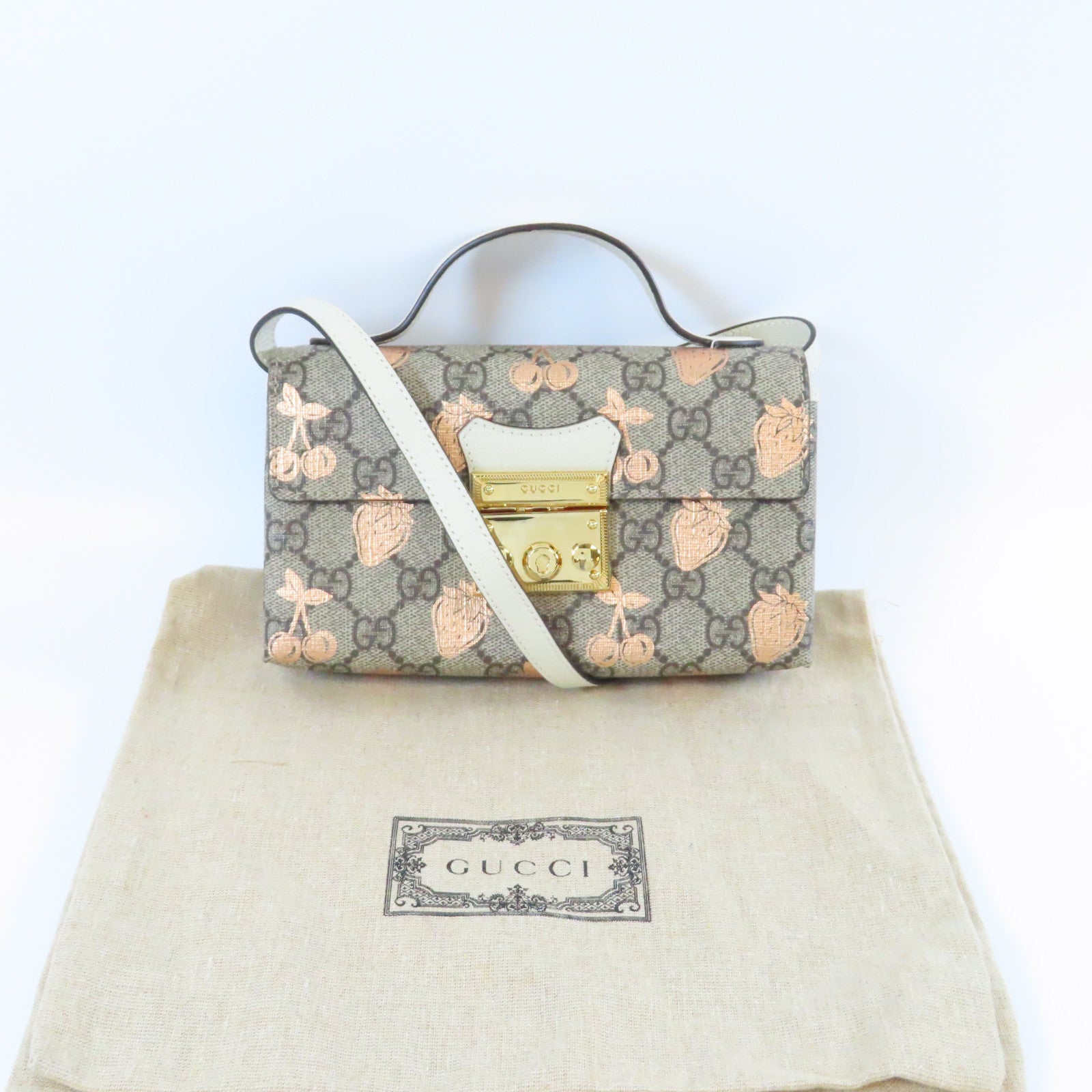 GUCCI 塗層帆布Mini Padlock Berry金扣肩背袋啡色/粉紅色