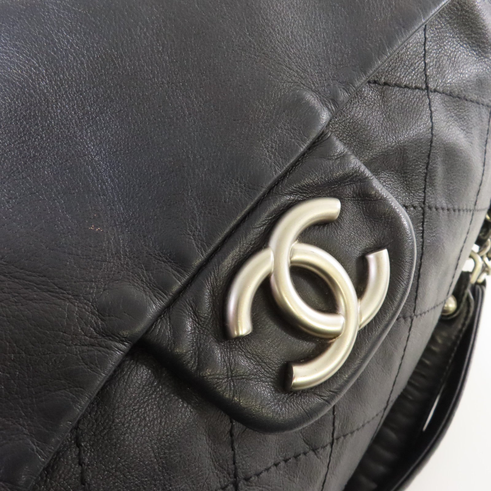 CHANEL 菱格羊皮皮革Chain Shoulder Bag銀扣鏈帶肩背袋黑色