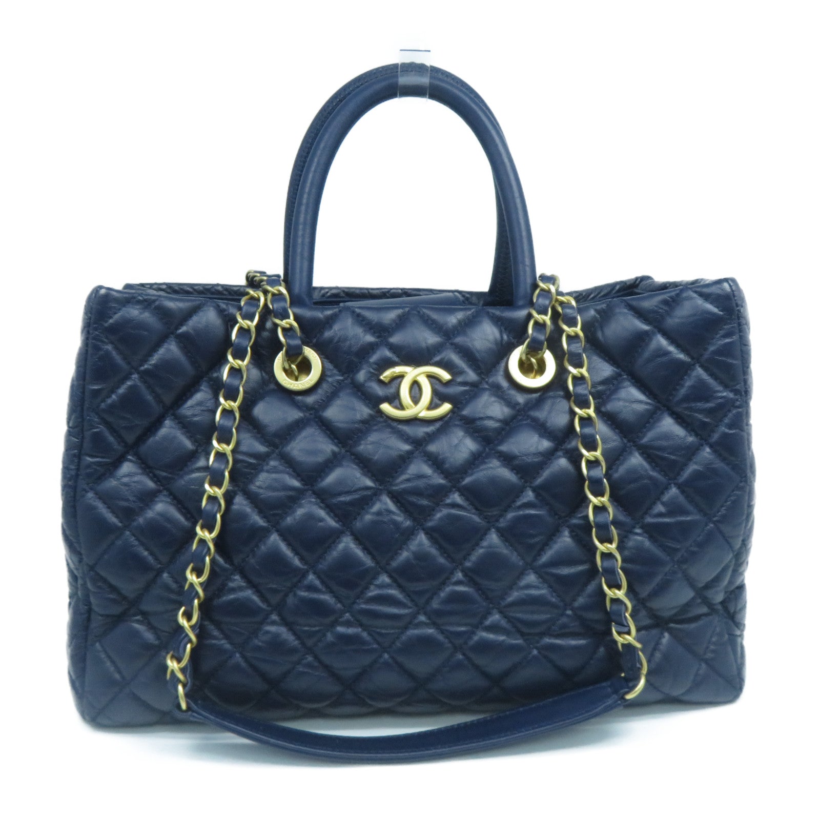 CHANEL 菱格牛皮皮革2 Way Shoulder金扣手挽肩背兩用袋深藍色