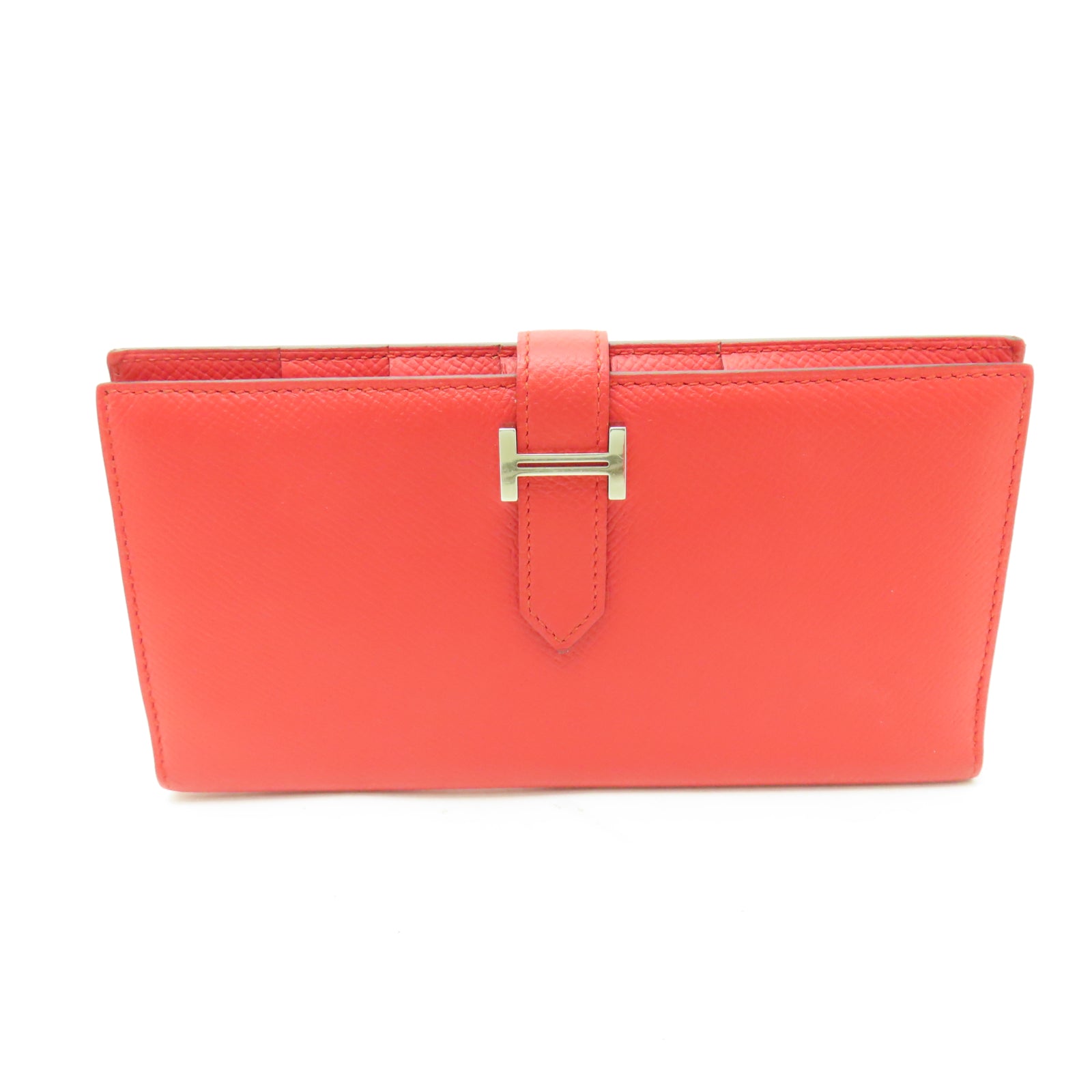HERMES 【激減優惠】Veau Epsom皮革Bearn Bi-fold Long Wallet銀扣長錢包蕃茄紅色