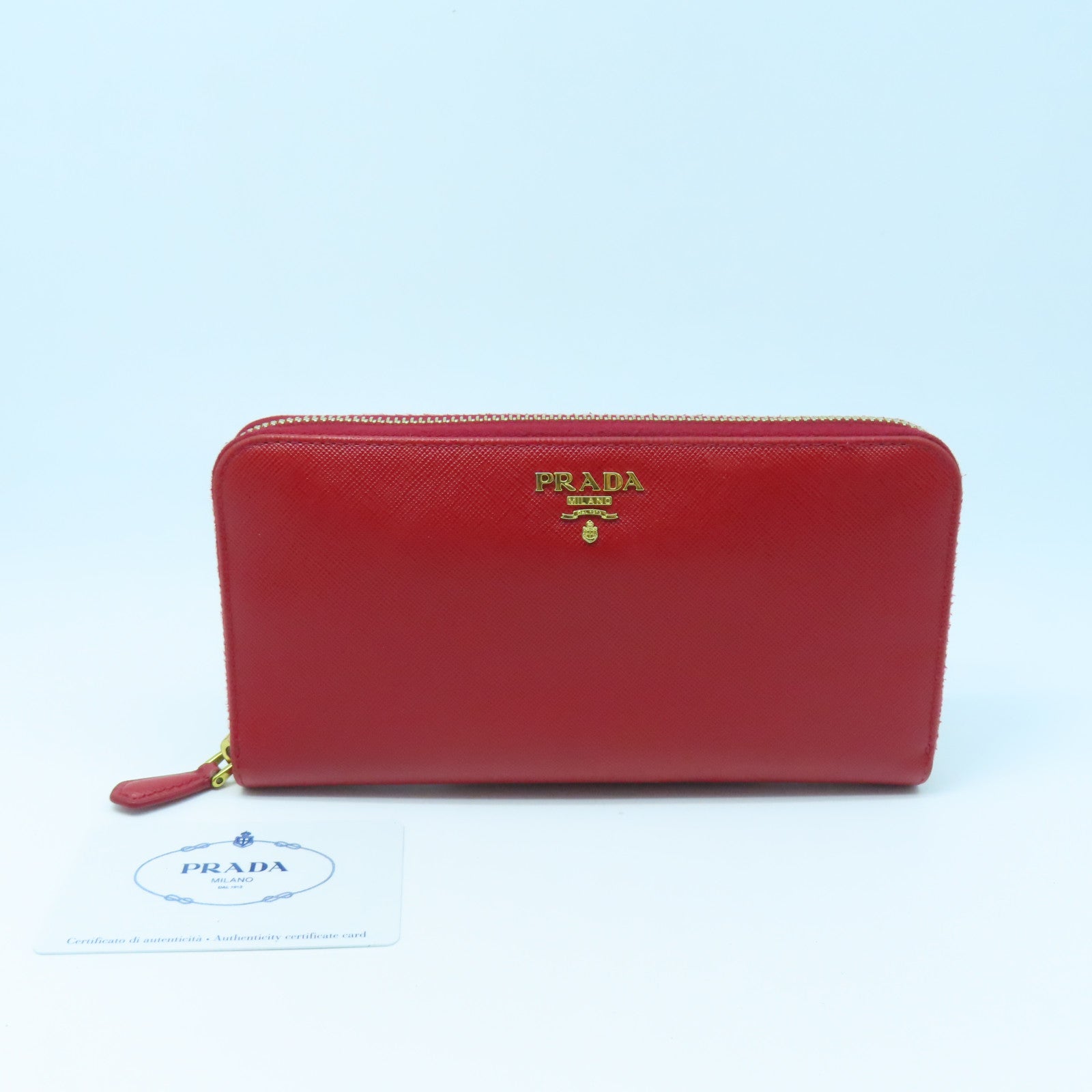 PRADA Cowhide Leather Long Wallet Gold Buckle Long Wallet Red