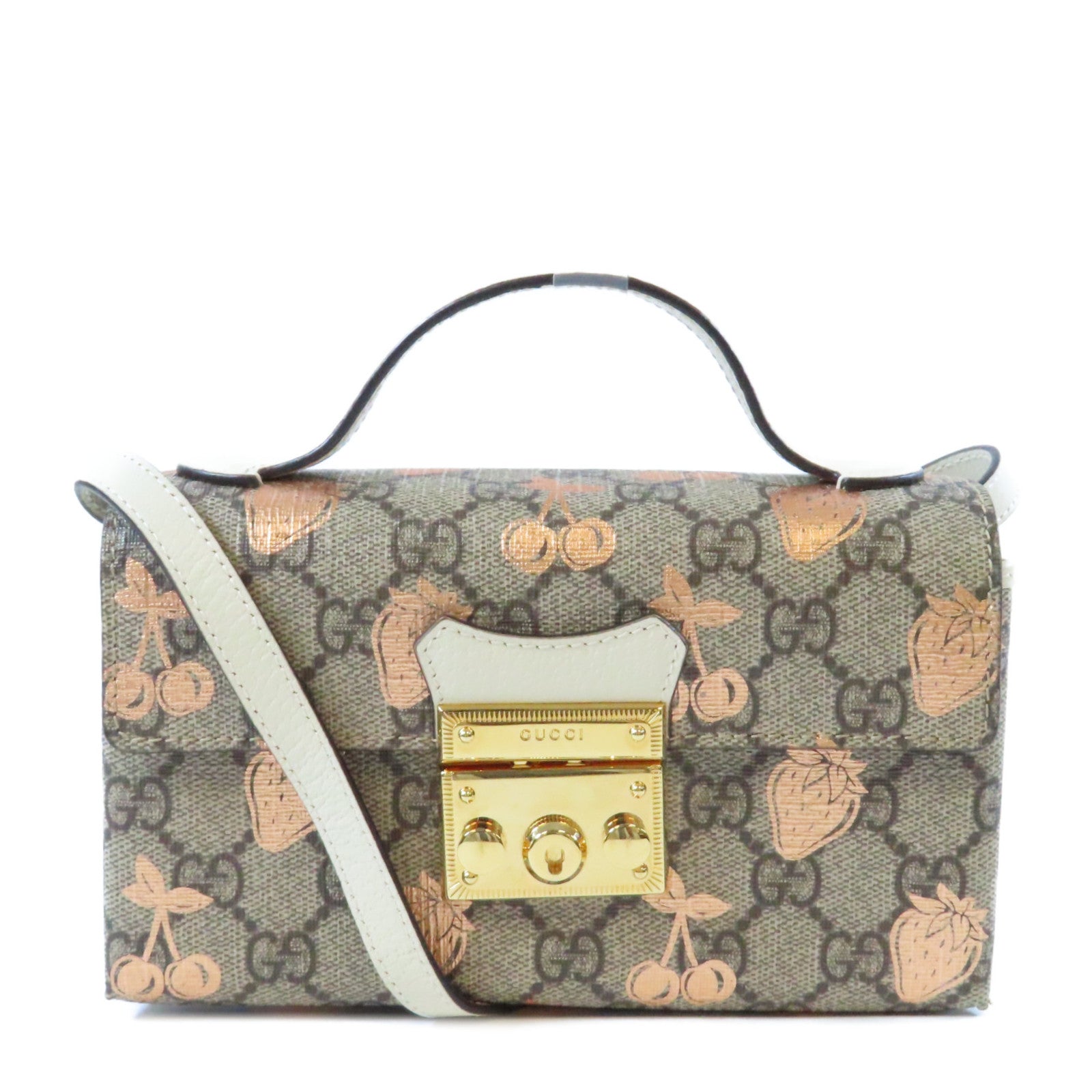 GUCCI 塗層帆布Mini Padlock Berry金扣肩背袋啡色/粉紅色