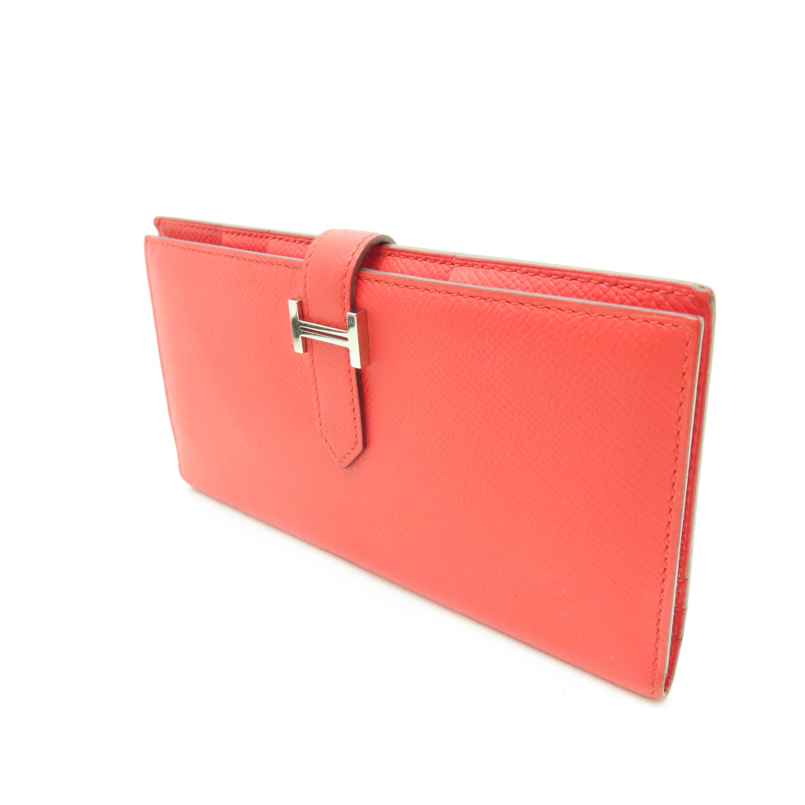 HERMES 【激減優惠】Veau Epsom皮革Bearn Bi-fold Long Wallet銀扣長錢包蕃茄紅色