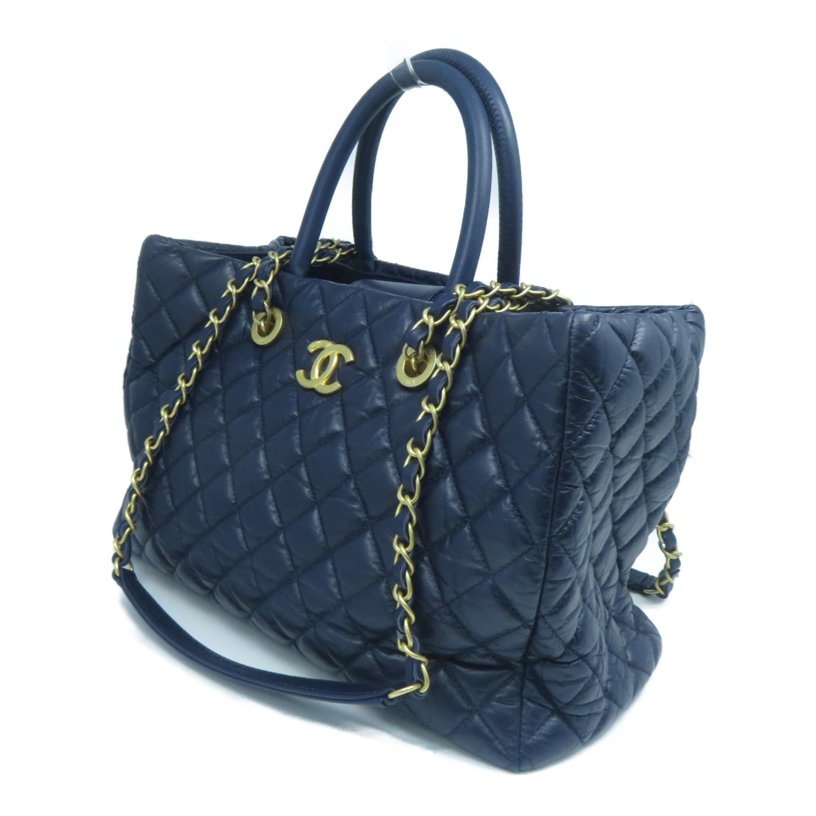 CHANEL 菱格牛皮皮革2 Way Shoulder金扣手挽肩背兩用袋深藍色